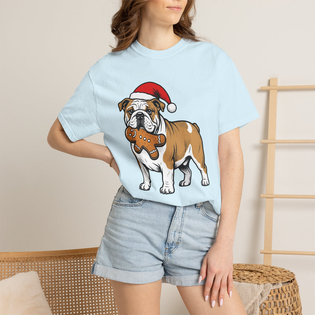 Bulldog Shirt Dog Festive Gift Women Line Art Tee Dog T-Shirt Dog Fan Illustration Graphic Classic Christmas Bonnet Tshirt