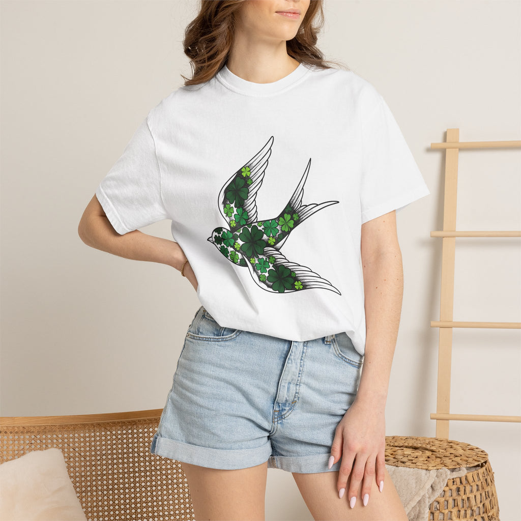 Small Bird Clover Shirt St Patrick's Day Destiny Gift Women Hand Drawn Tee Sparrow T-Shirt Shamrock Fan Illustrated Tshirt Fate Graphic