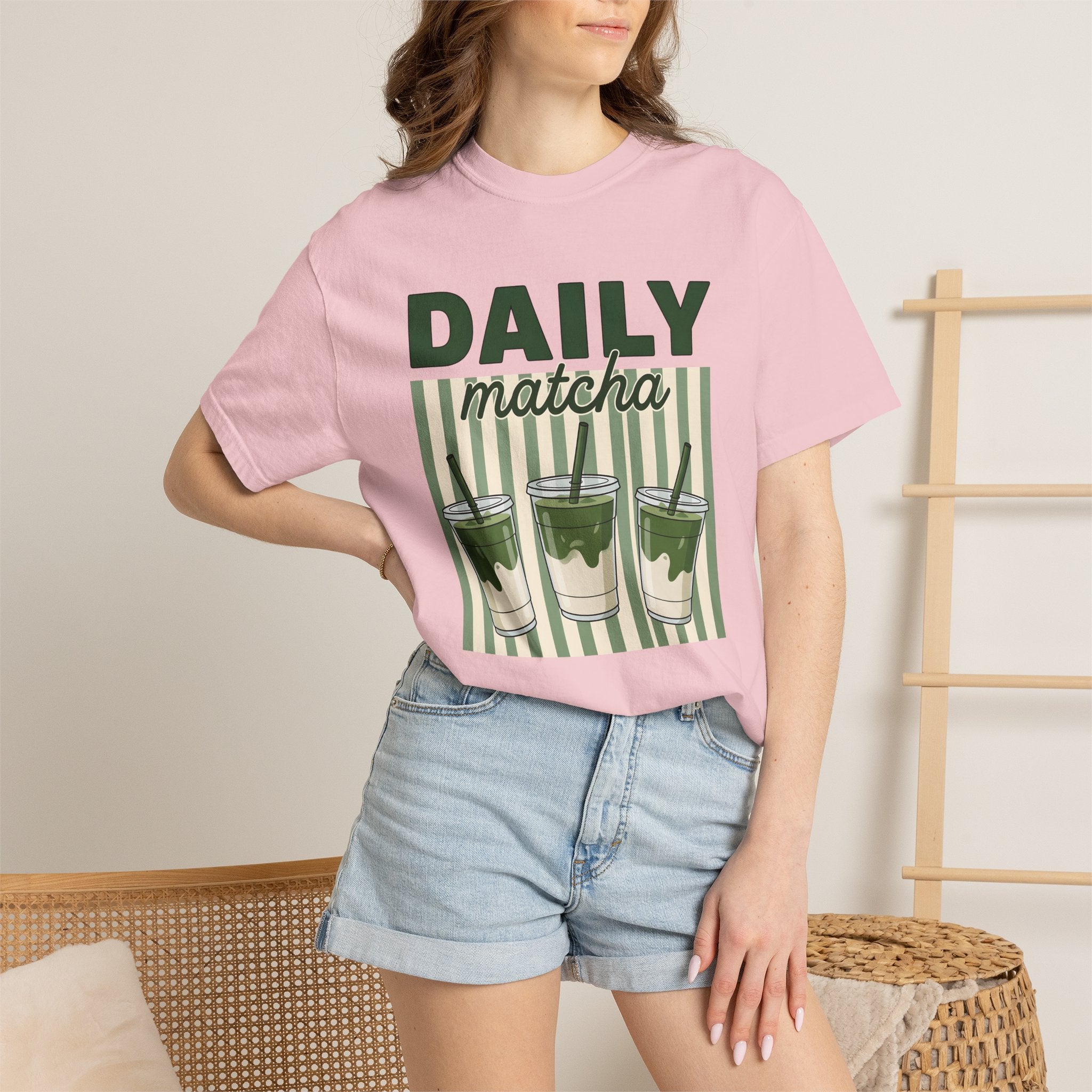 Matcha Drink Cups Shirt Drinks Foodie Gift Women Cartoon Tee Green Tea T-Shirt Beverage Fan Toon Tshirt Food Graphic Retro Striped