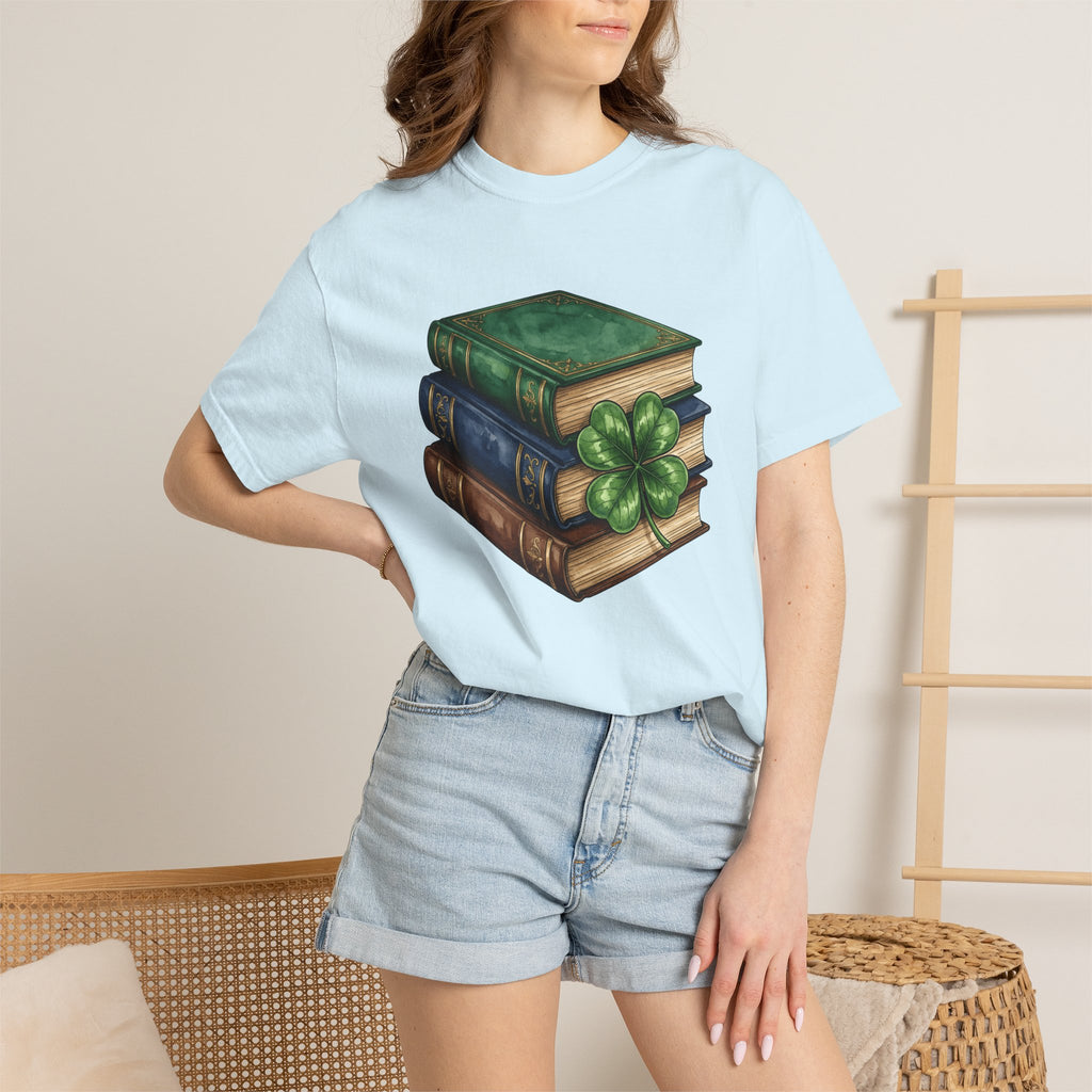 Book Stack Shirt St Patrick's Day Library Gift Women Illustration Tee Bookpile T-Shirt St Patricks Fan Book Art Tshirt Librarian Graphic
