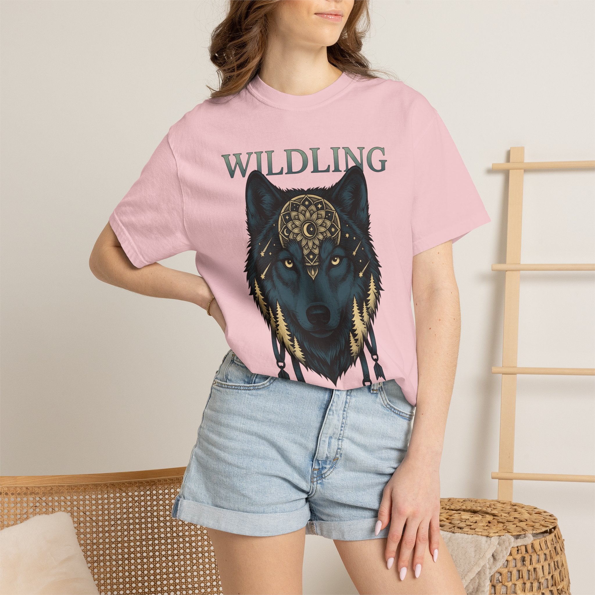 Wolf Pattern Shirt Boho Chic Fauna Gift Women Tribal Tee Wolf T-Shirt Bohemian Fan Primitive Tshirt Wildlife Graphic Classic Fir Trees