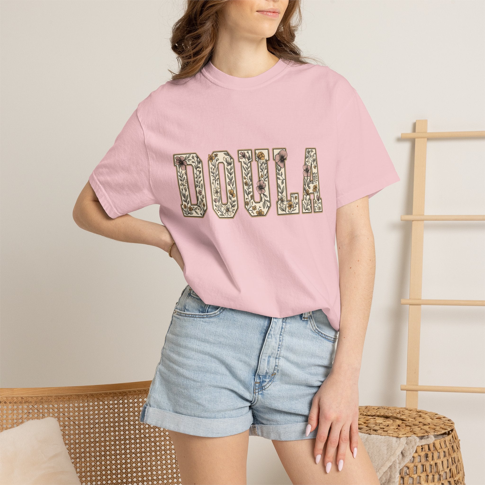 Botanical Block Letters Shirt Doula Bouquet Gift Women Hippie Tee Typography T-Shirt Birth Worker Fan Bohemian Tshirt Floral Graphic Classic