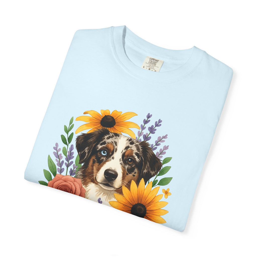 Aussie Breed Shirt Dog Bouquet Gift Women Painterly Tee Australian Dog T-Shirt Dog Fan Watercolor Tshirt Floral Graphic Folk Petals Tshirt