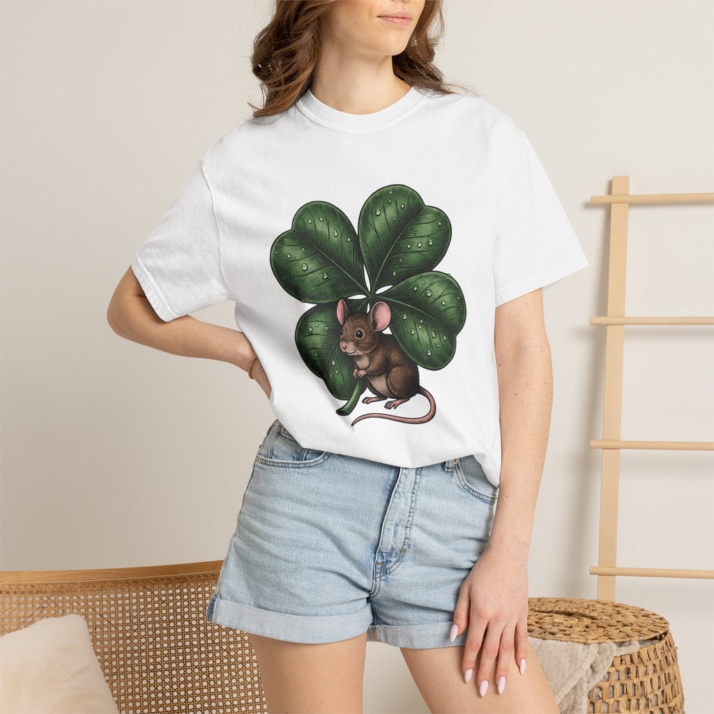 Mouse Four Leaf Shirt St Patrick's Day Wildlife Gift Women Classic Tee Mouse T-Shirt Luck Fan Shamrock Tshirt Animal Graphic Outline Droplet