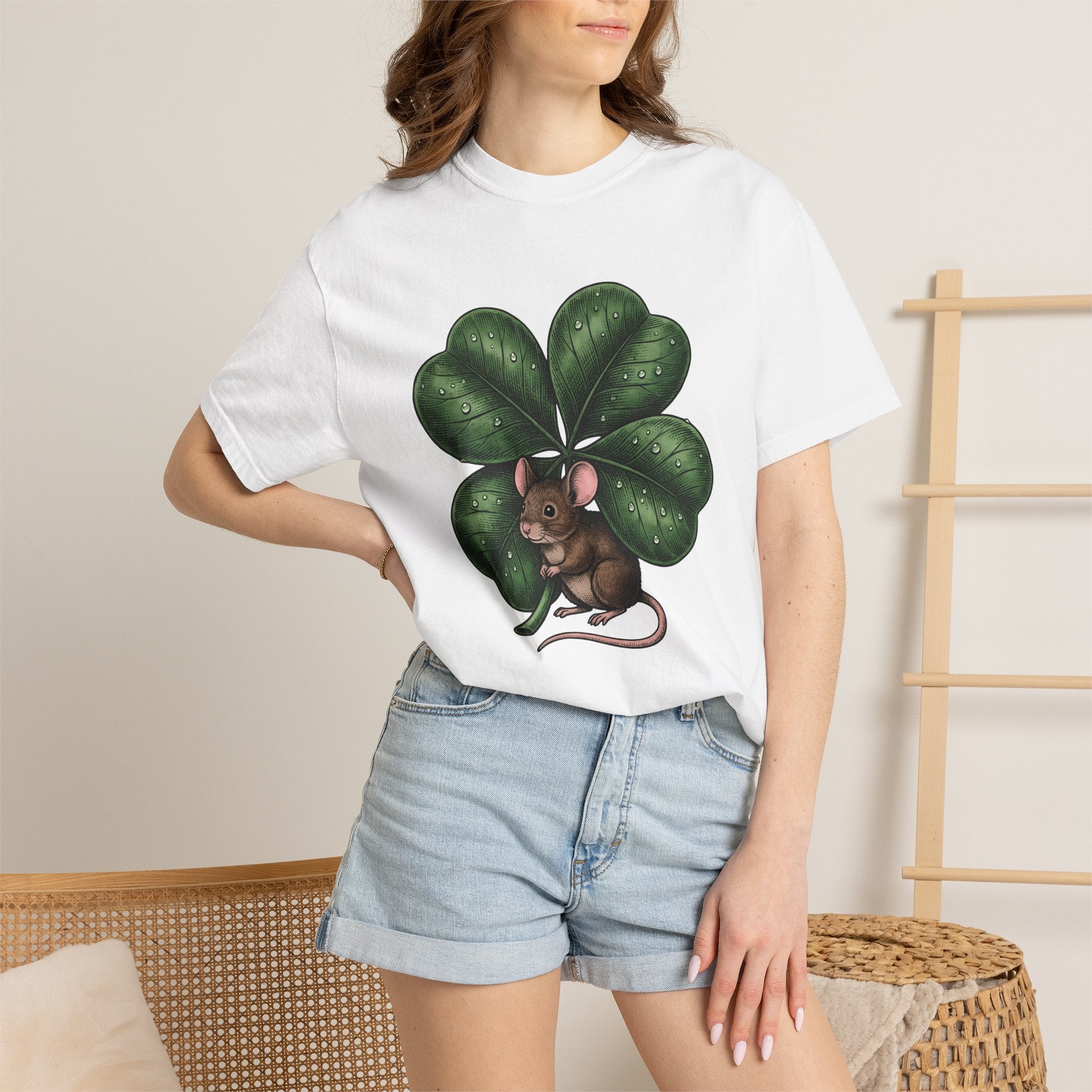 Mouse Four Leaf Shirt St Patrick's Day Wildlife Gift Women Classic Tee Mouse T-Shirt Luck Fan Shamrock Tshirt Animal Graphic Outline Droplet