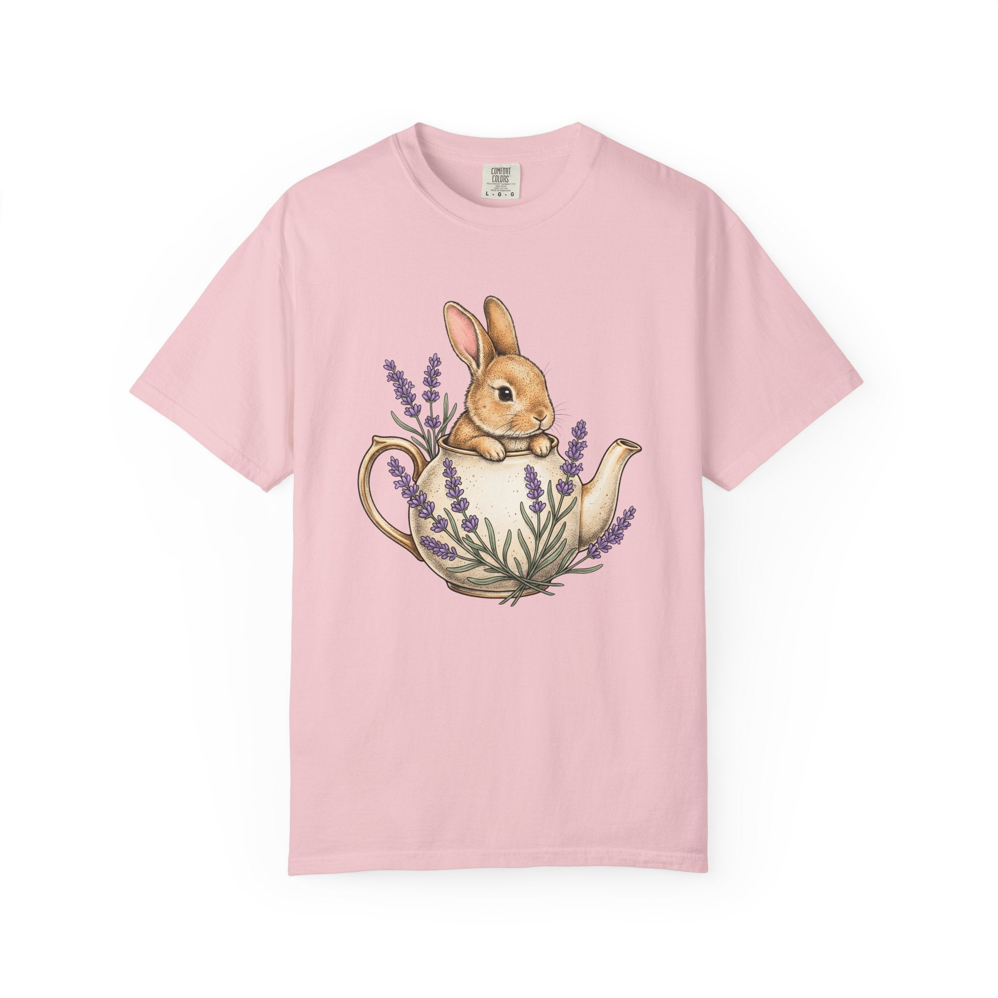 Bunny Kettle Shirt Animals & Flowers Rustic Gift Women Flower Tee Tea Kettle T-Shirt Floral Fan Botanical Tshirt Country Graphic Hand Drawn