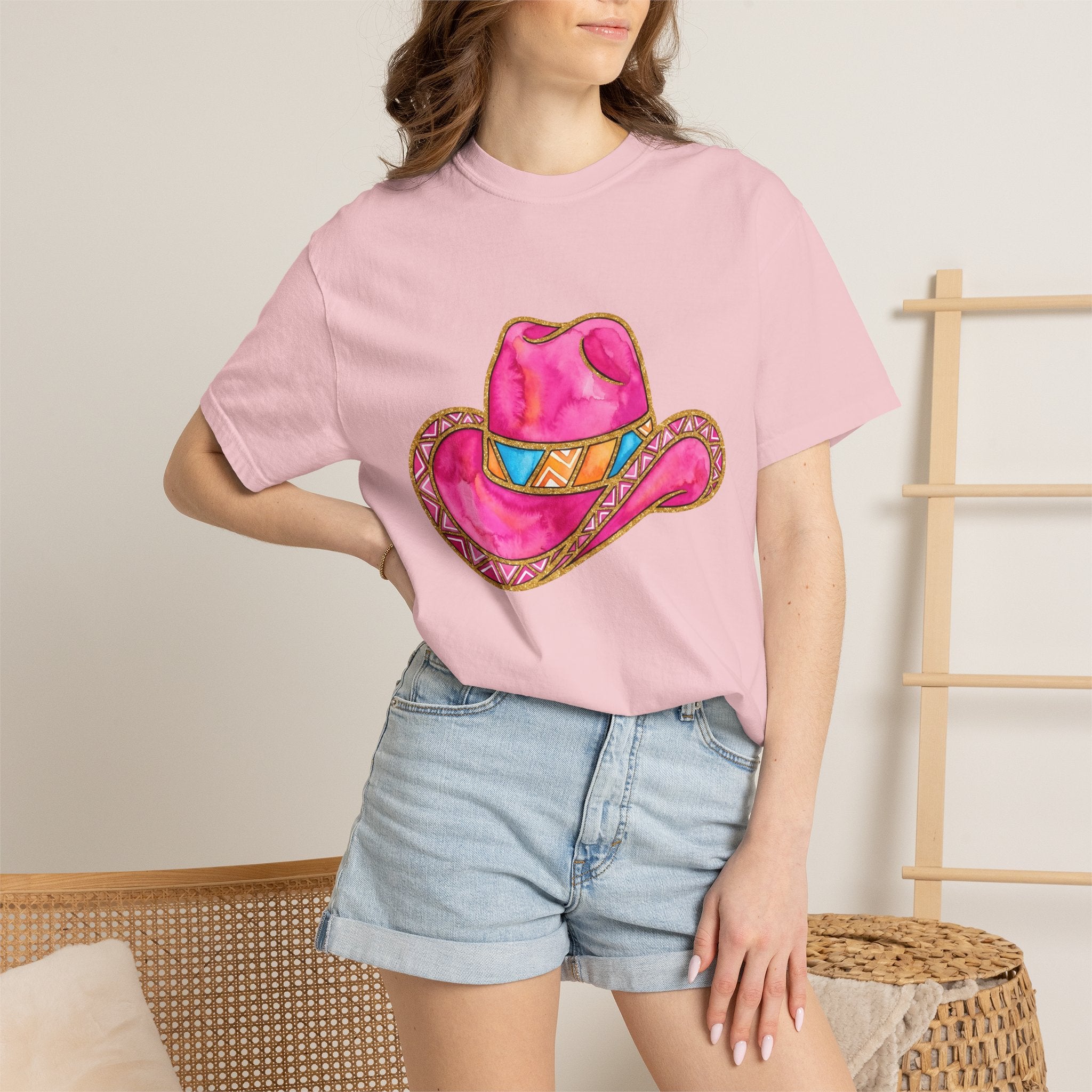 Pink Western Hat Shirt Western Apparel Gift Women Hand Painted Tee Cowboy Hat T-Shirt Rodeo Fan Cowgirl Tshirt Clothing Graphic Rustic
