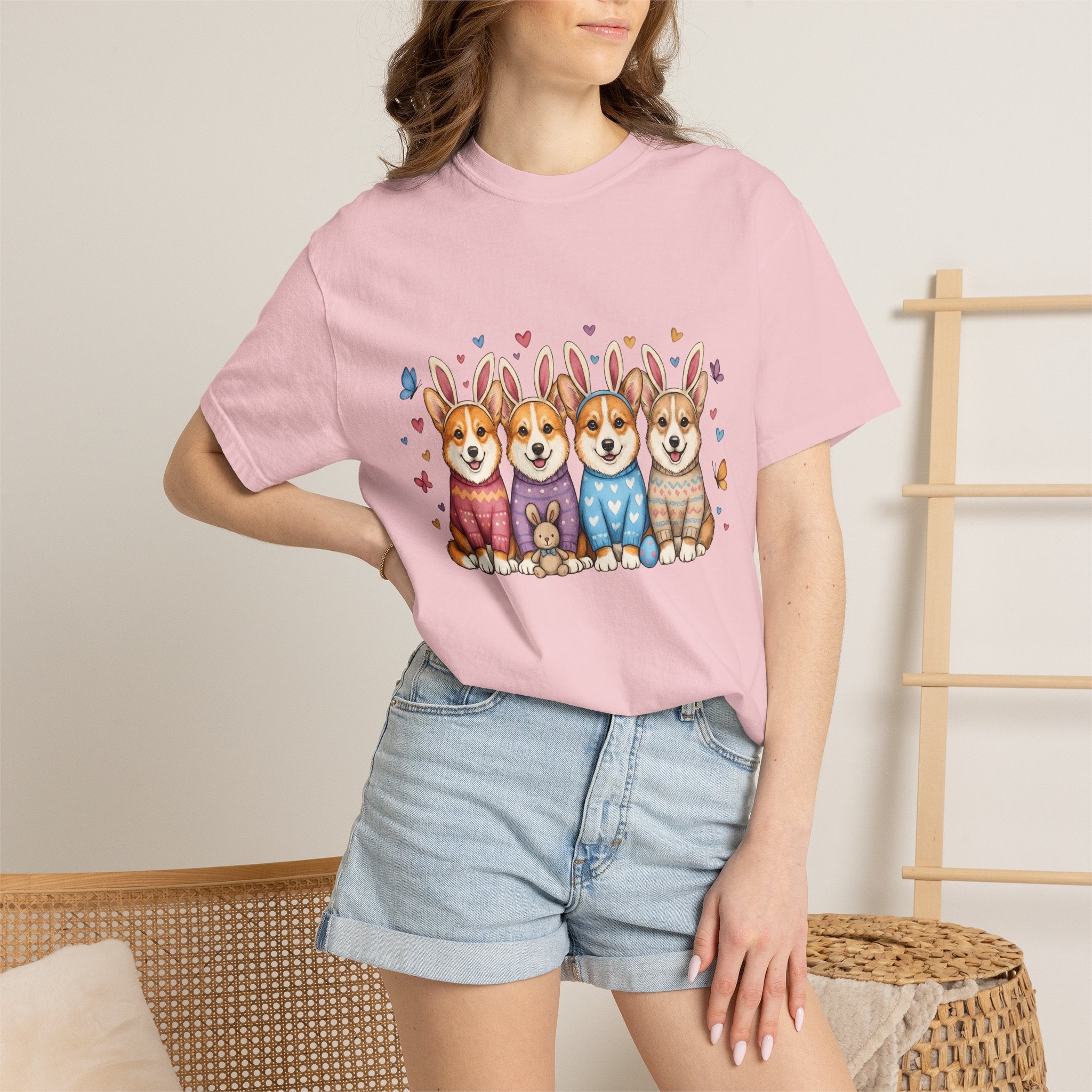 Corgi Puppies Shirt Easter Pets Gift Women Adorable Tee Puppy T-Shirt Easter Fan Cute Tshirt Animal Graphic Sketch Bunny Hat Tshirt