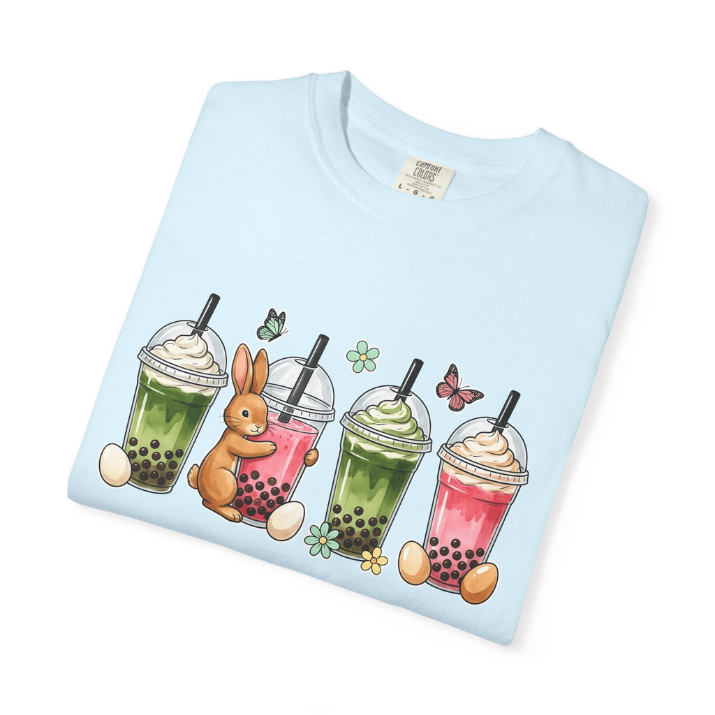Bunny Boba Tea Shirt Easter Animal Gift Women Cute Tee Bubble Tea T-Shirt Easter Fan Cartoon Tshirt Creature Graphic Hand Drawn Easter Eggs