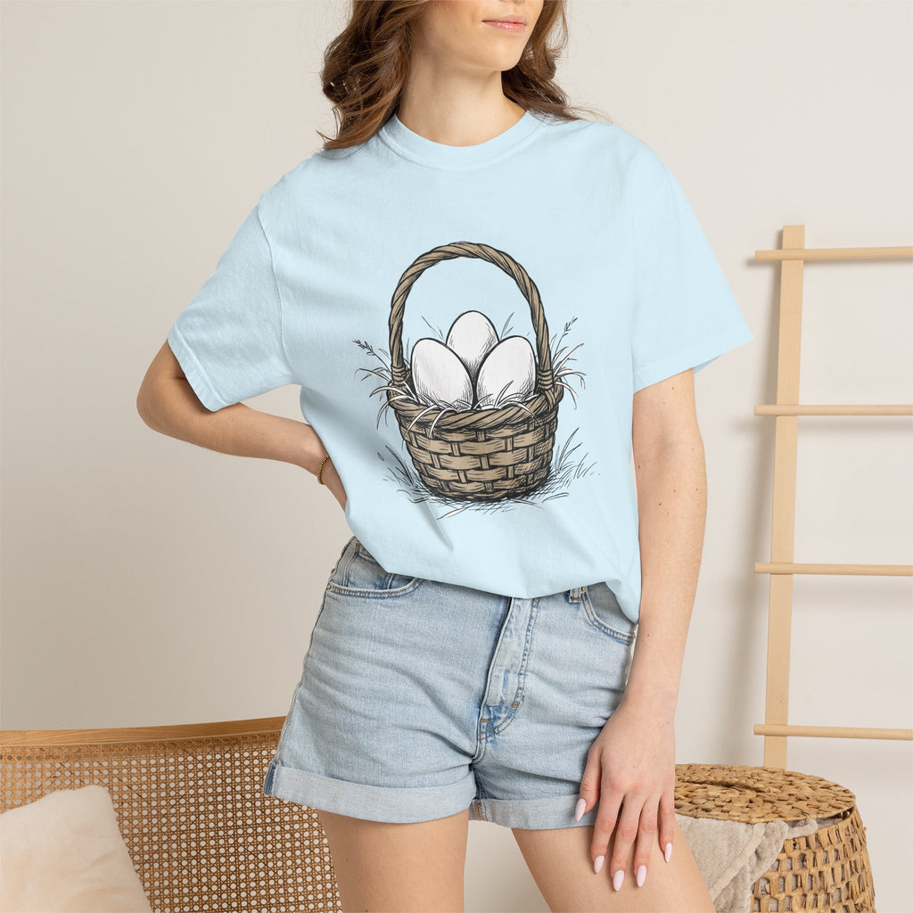 Egg Basket Shirt Easter Nature Gift Women Cartoon Tee Easter Basket T-Shirt Spring Fan Easter Illustration Tshirt Minimalist Grass Tuft