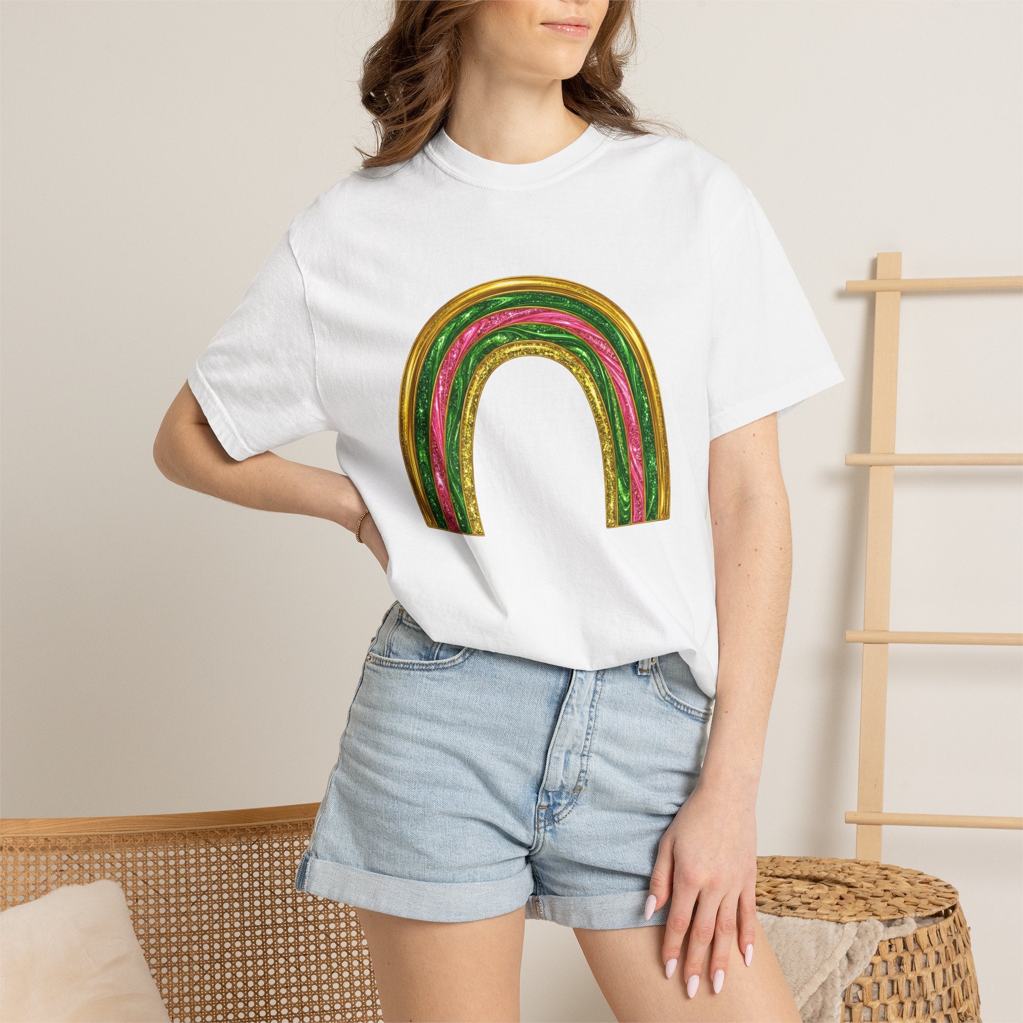 Sparkle Rainbow Shirt St Patrick's Day Arc Gift Women Glitter Tee Rainbow T-Shirt Shamrock Fan Sparkle Tshirt Curve Graphic Nostalgic Golden