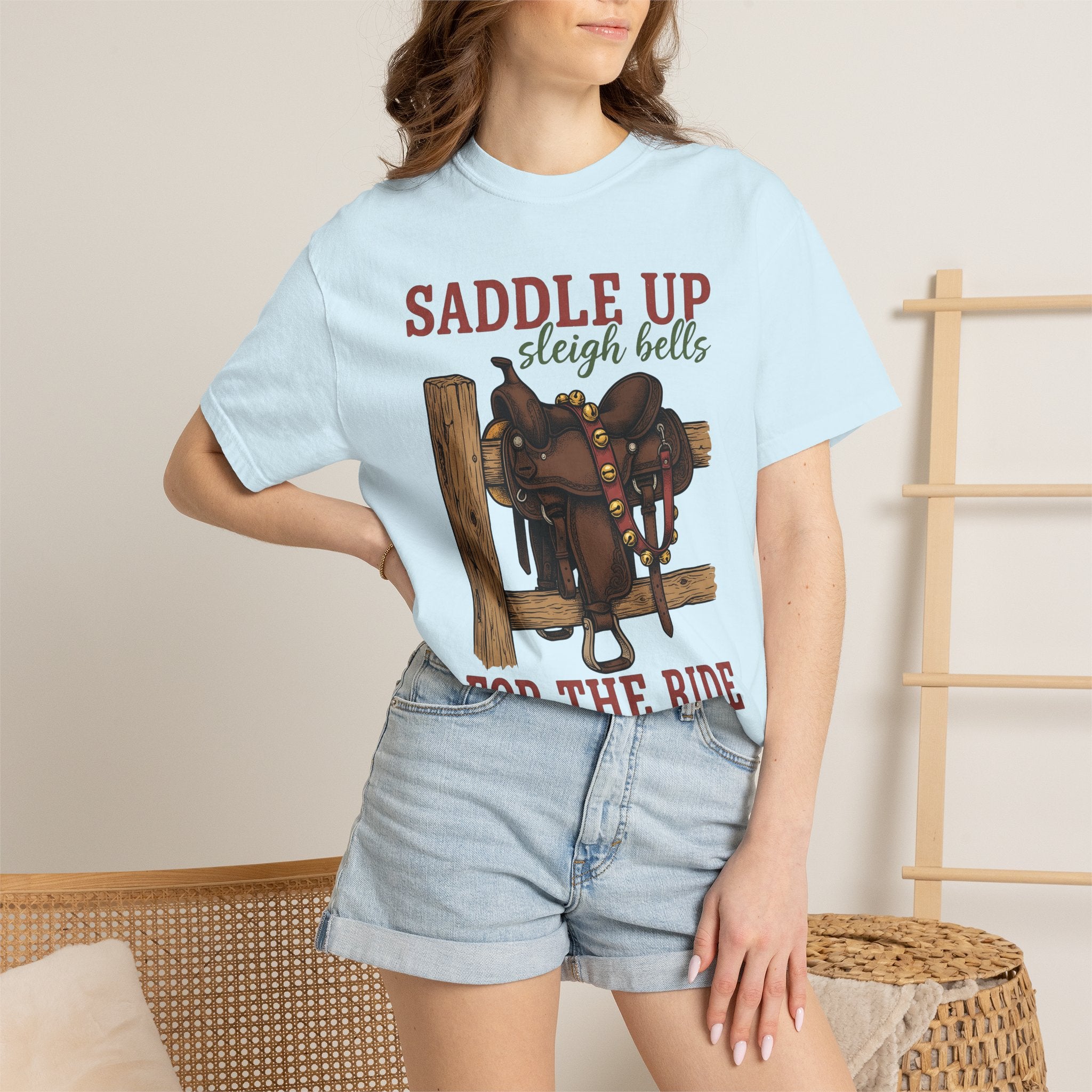 Leather Saddle Shirt Cowgirl Winter Gift Women Classic Tee Saddle T-Shirt Rodeo Fan Vintage Tshirt Frosty Graphic Outline Seasonal Bells
