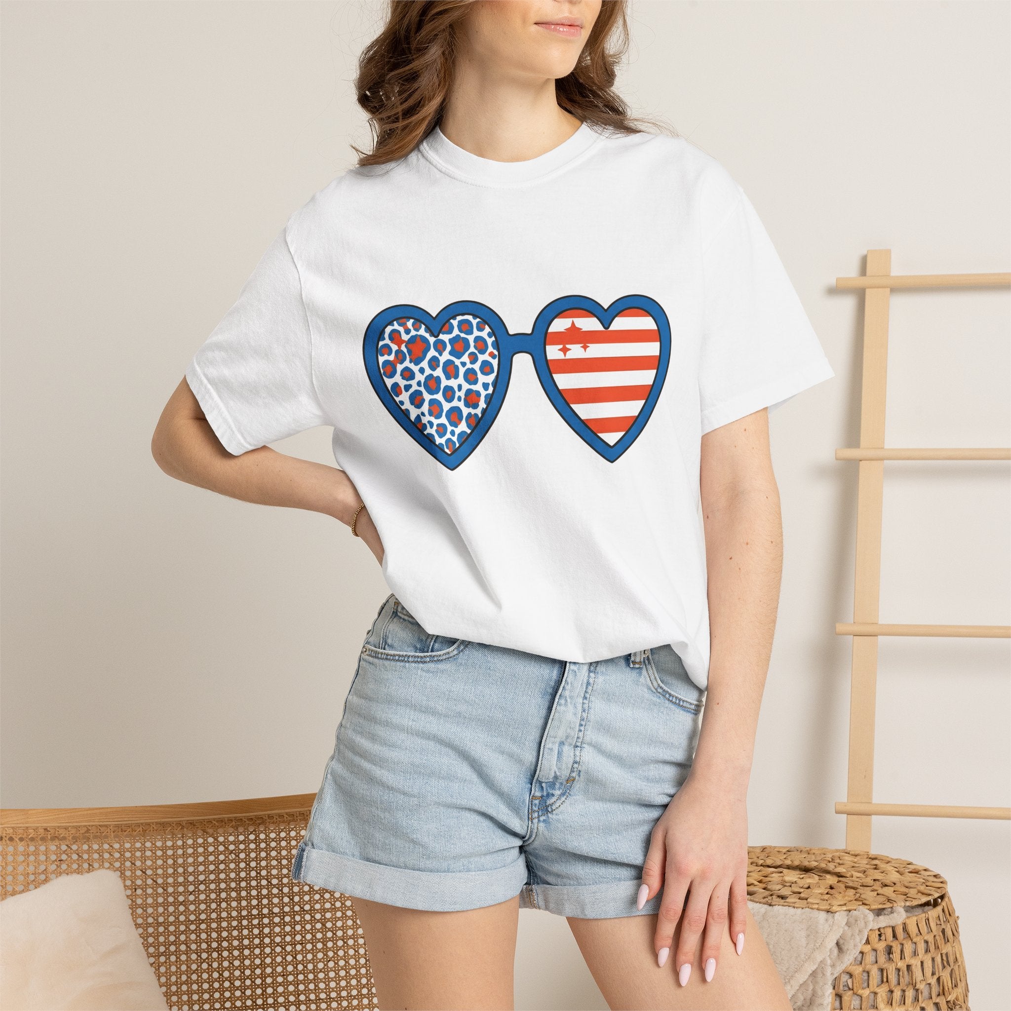 Heart Shades Shirt America Flag Gift Women Vibrant Tee Shades T-Shirt American Fan Patriotic Tshirt Banner Graphic Vintage Leopard Pattern