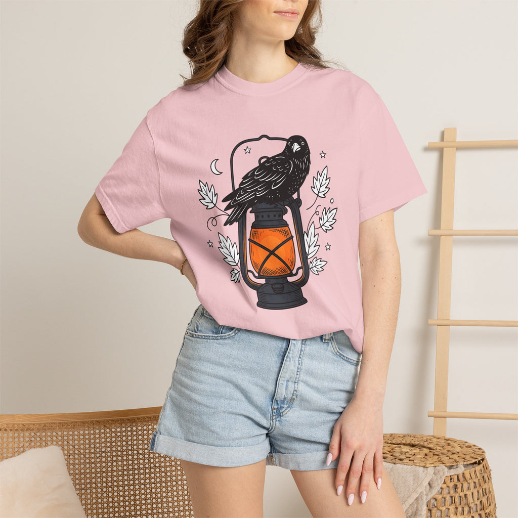 Blackbird Lantern Shirt Halloween Eerie Gift Women Flat Graphic Tee Lantern T-Shirt Spooky Fan Spooky Graphic Tshirt Rustic Fall Leaves