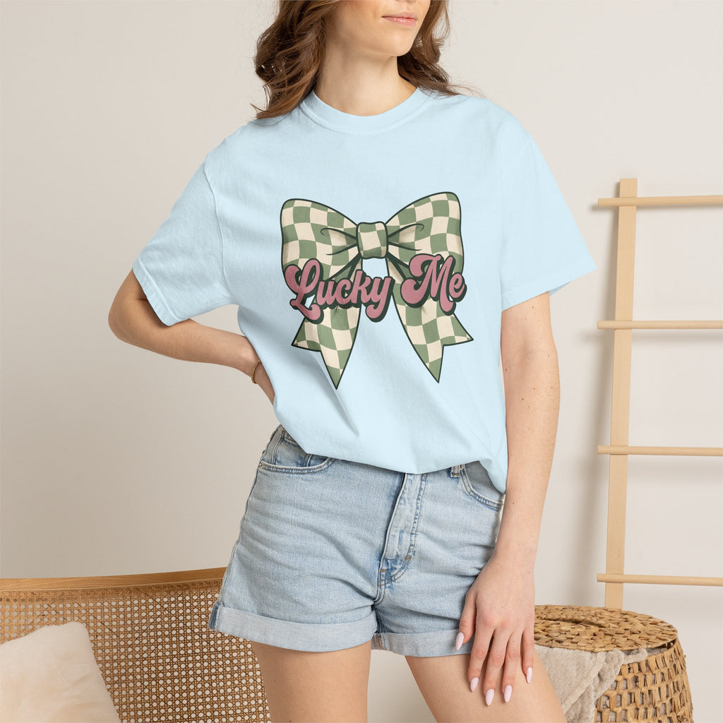 Tartan Bow Shirt St Patrick's Day Event Gift Women Line Art Tee Ribbon T-Shirt St Patricks Fan Drawing Design Illustrative Light Tones