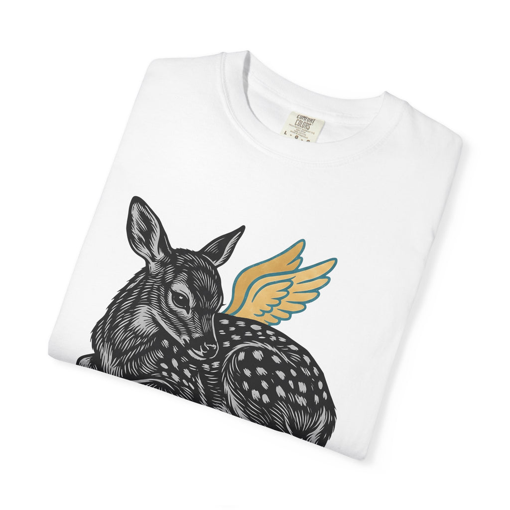 Fawn Shirt Animal Mythical Gift Women Linocut Tee Deer T-Shirt Wildlife Fan Print Illustration Retro Feathers Tshirt