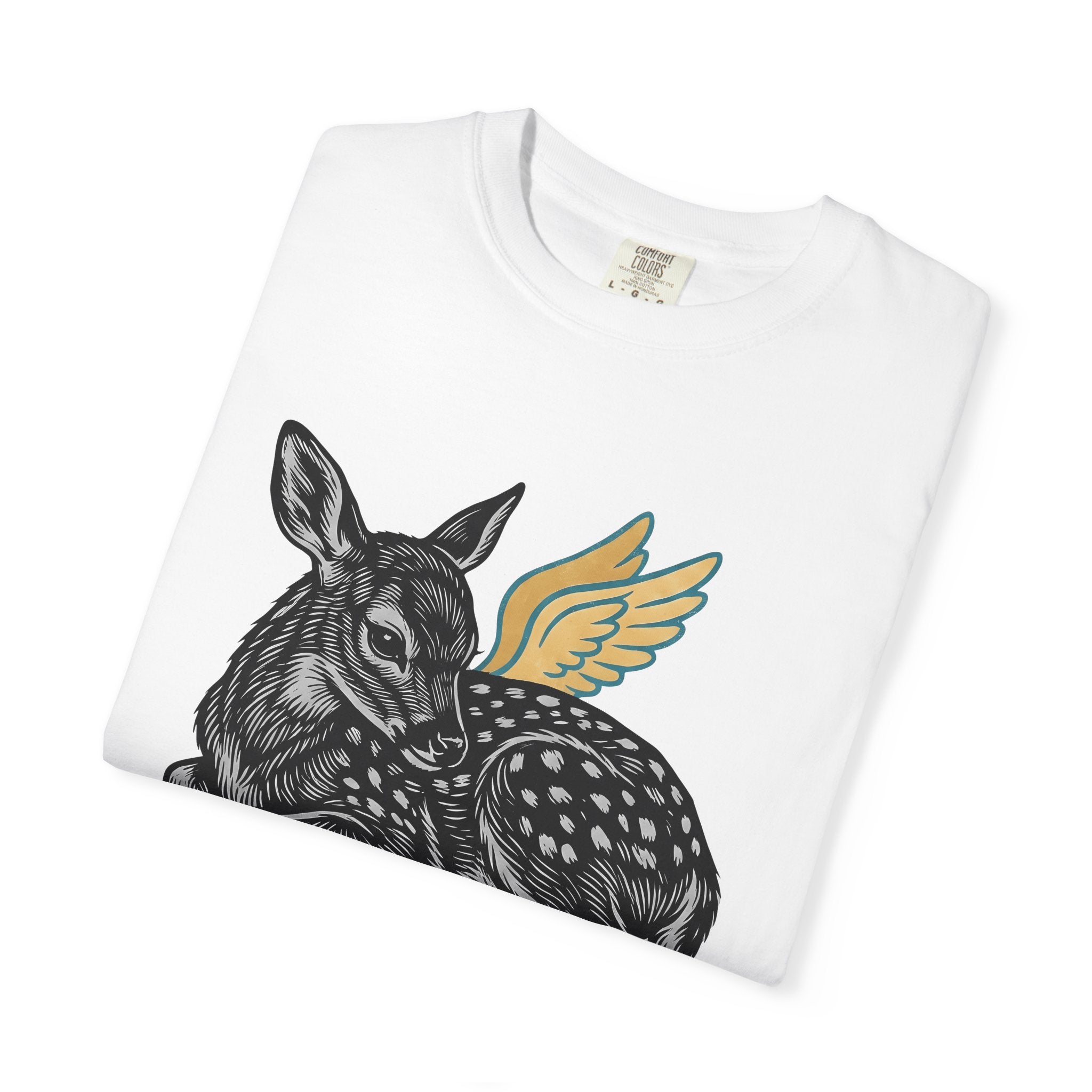 Fawn Shirt Animal Mythical Gift Women Linocut Tee Deer T-Shirt Wildlife Fan Print Illustration Retro Feathers Tshirt