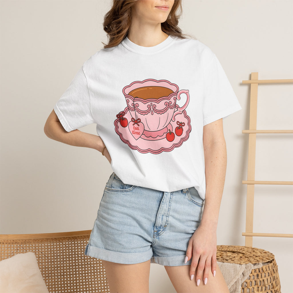 Tea Cup Shirt Tea Foodie Gift Women Kawaii Tee Teacup T-Shirt Tea Fan Cute Tshirt Food Graphic Retro Cherry Tshirt