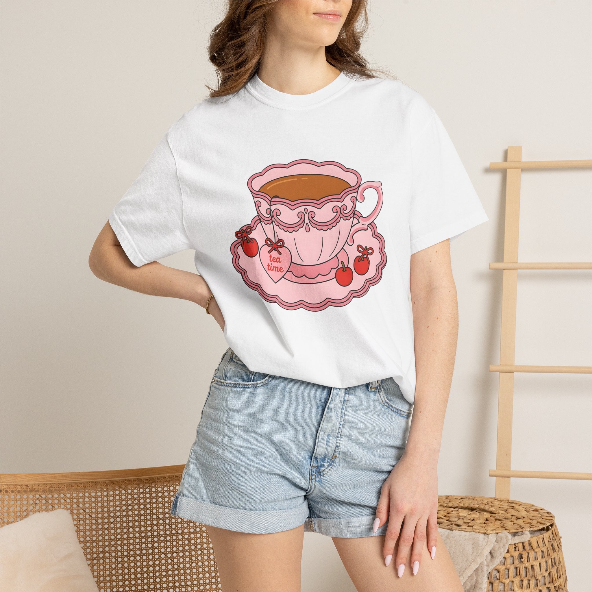 Tea Cup Shirt Tea Foodie Gift Women Kawaii Tee Teacup T-Shirt Tea Fan Cute Tshirt Food Graphic Retro Cherry Tshirt