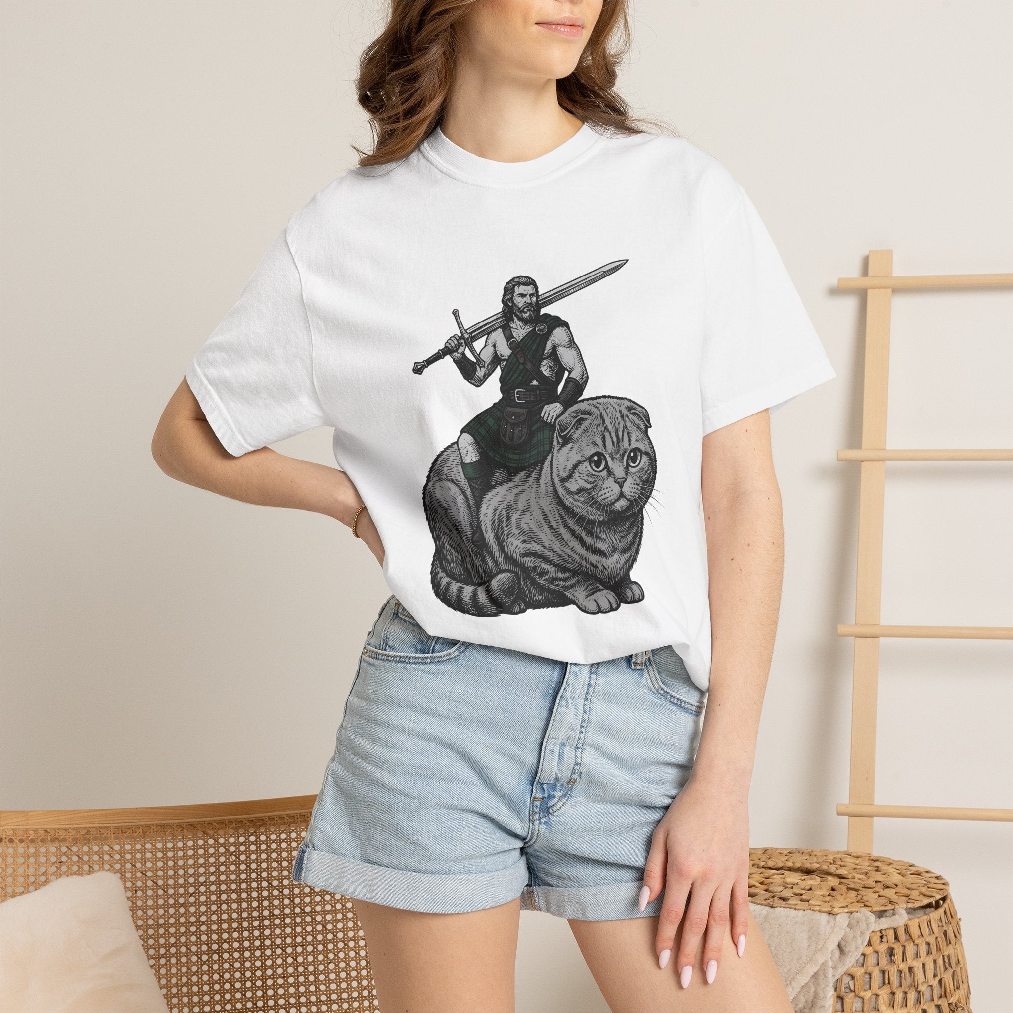 Warrior Cat Shirt Cat Fantasy Gift Women Vintage Tee Feline T-Shirt Cat Fan Retro Tshirt Mythical Graphic Hand Drawn Sword Tshirt