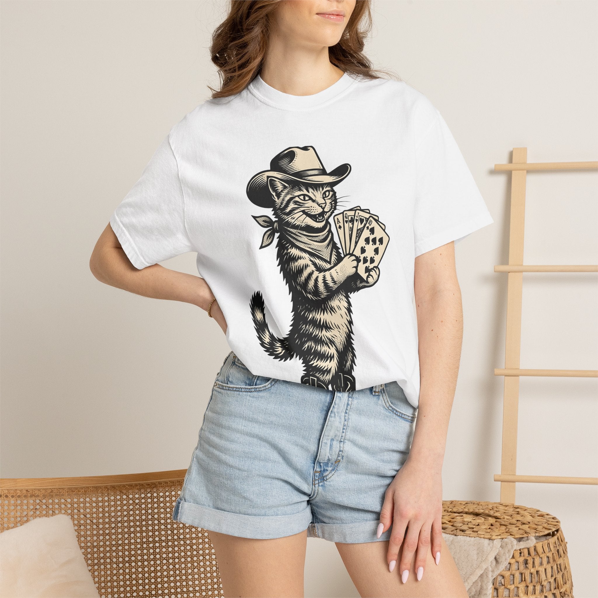 Country Cat Shirt Cat Frontier Gift Women Antique Tee Kitty T-Shirt Feline Fan Vintage Tshirt Western Graphic Outline Playing Card Tshirt