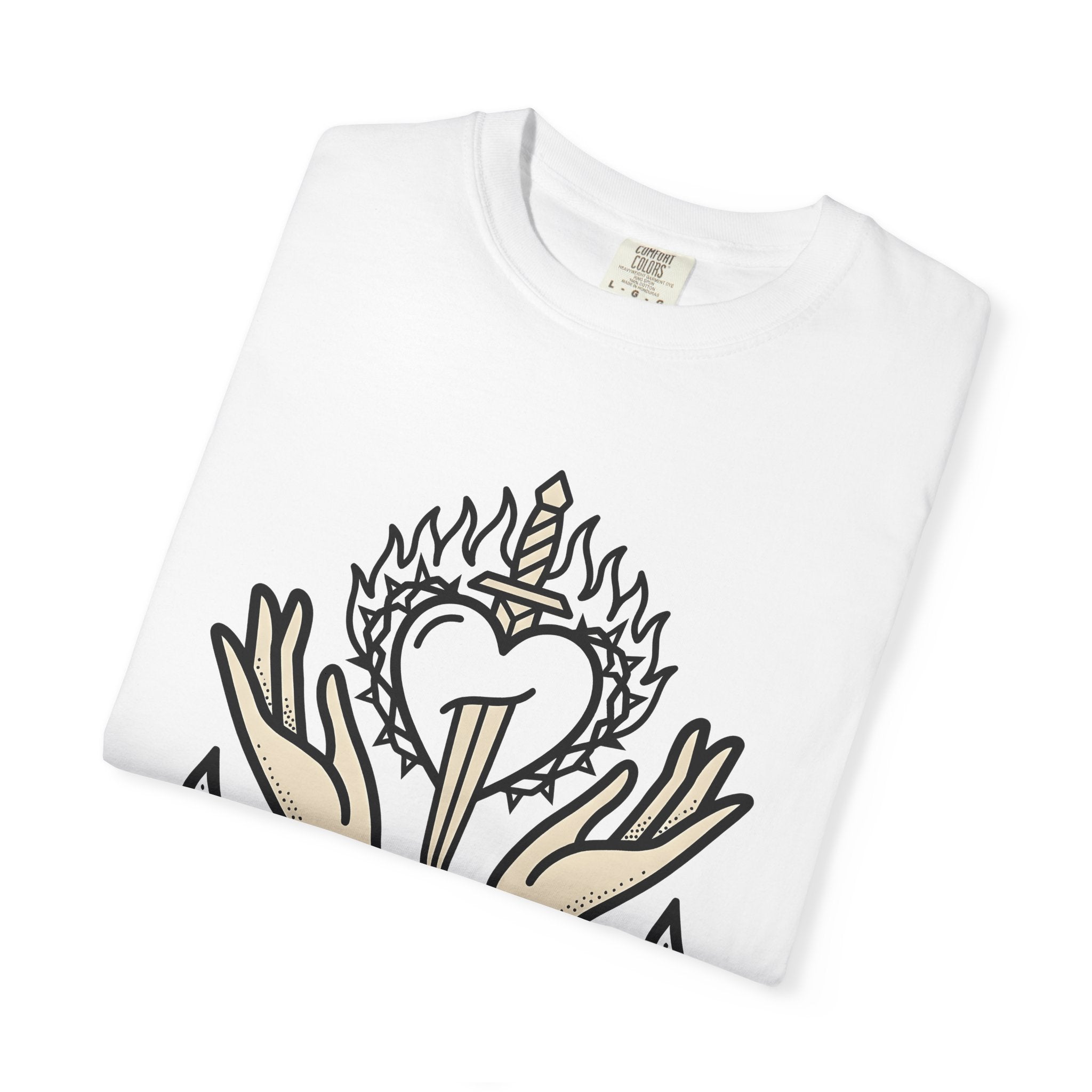 Divine Heart Shirt Boho Chic Mindfulness Gift Women Sketch Tee Sacred Heart T-Shirt Bohemian Enthusiast Drawing Illustration Outline Palms