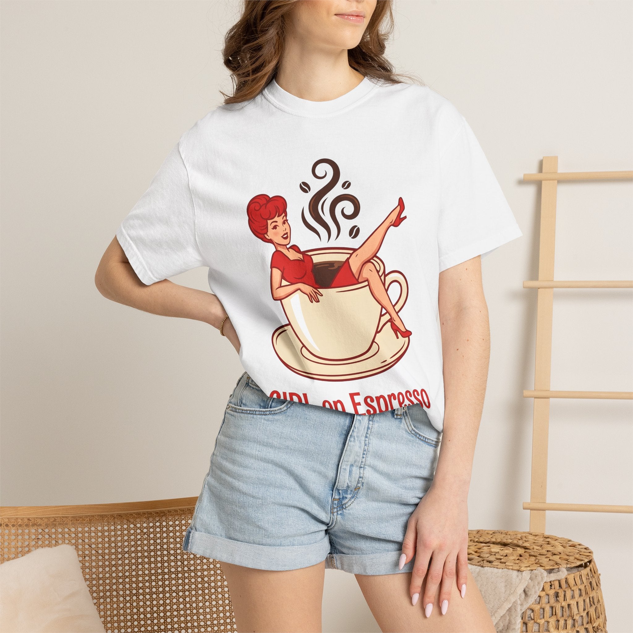 Pinup Coffee Mug Shirt Coffee Fun Gift Women Hand Drawn Tee Coffee Cup T-Shirt Coffee Fan Illustrated Tshirt Humor Graphic Line Art Steam