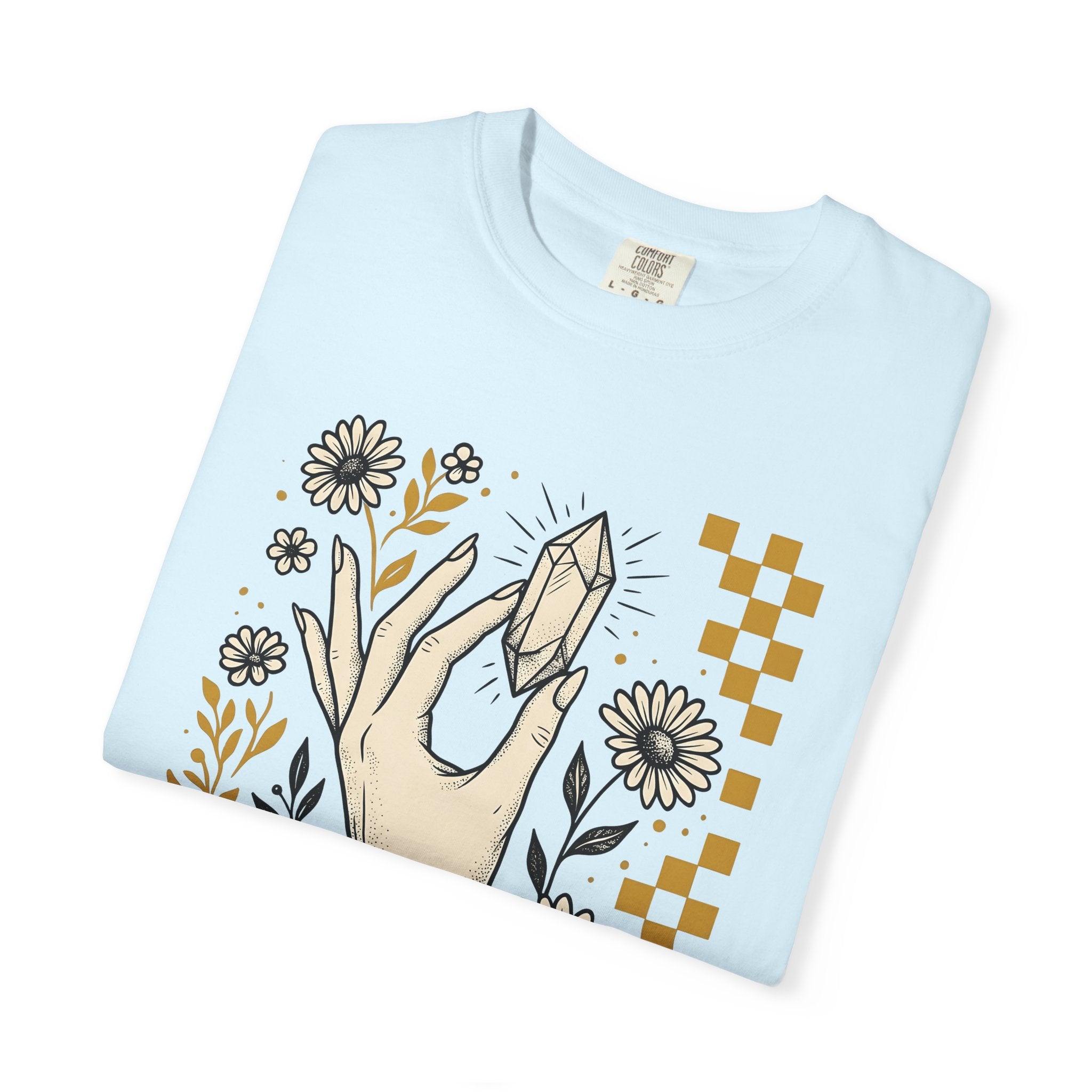 Gemstone Hand Shirt Boho Chic Mindfulness Gift Women Body Art Tee Crystal Hand T-Shirt Bohemian Fan Tattoo Art Tshirt Meditation Graphic