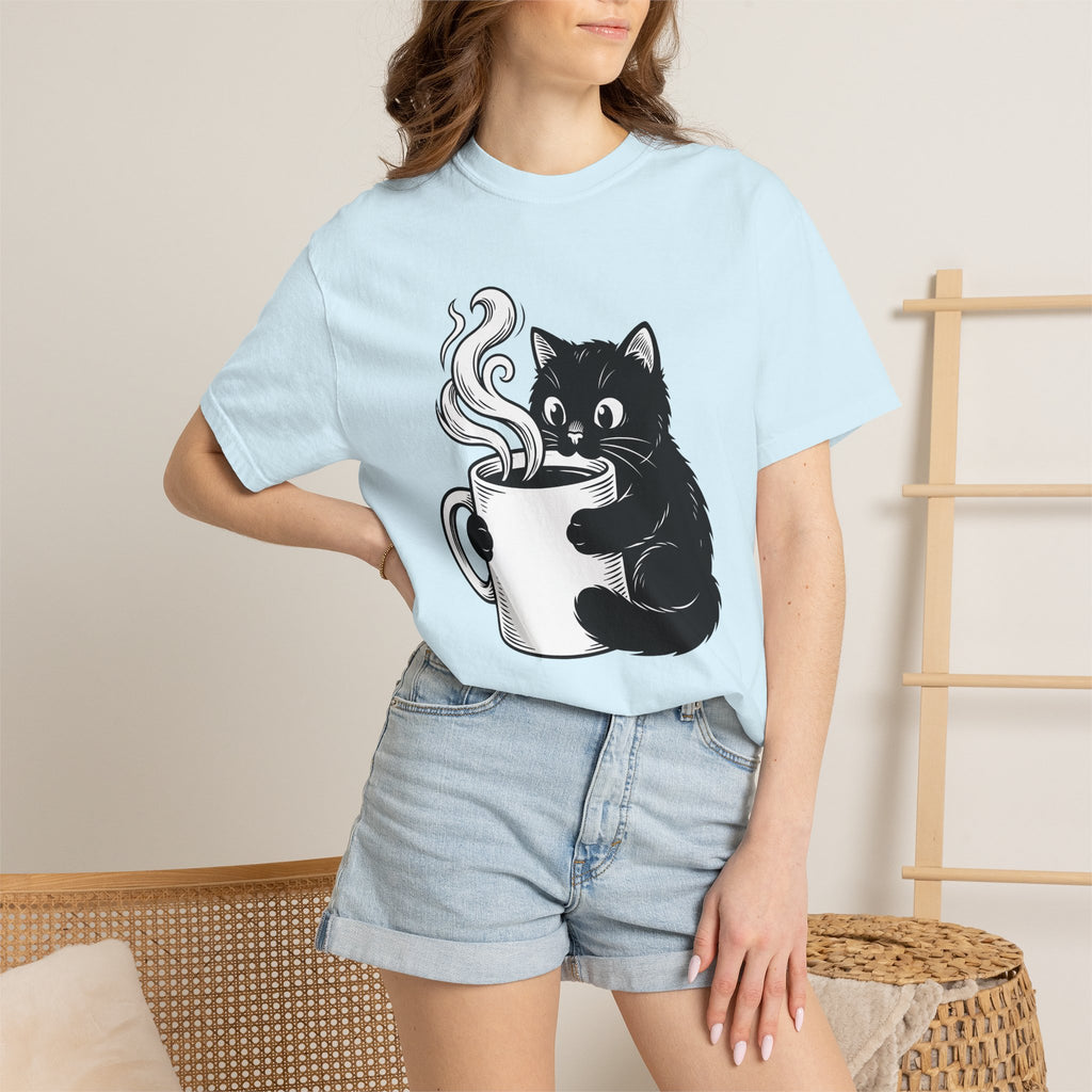 Black Feline Mug Shirt Cat Cappuccino Gift Women Cartoon Tee Cat T-Shirt Cat Fan Kitten Tshirt Coffee Graphic Hand Drawn Hot Steam Tshirt