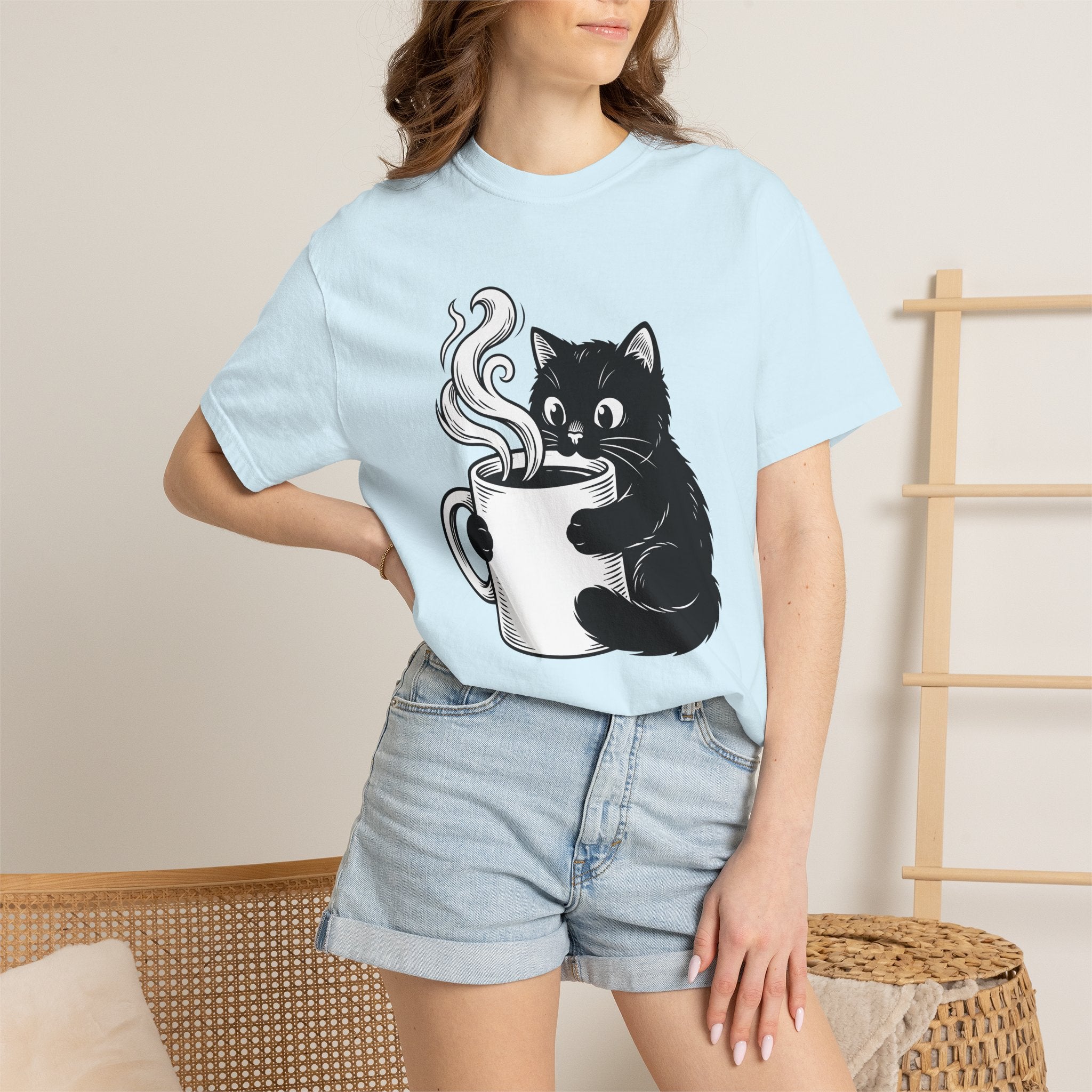 Black Feline Mug Shirt Cat Cappuccino Gift Women Cartoon Tee Cat T-Shirt Cat Fan Kitten Tshirt Coffee Graphic Hand Drawn Hot Steam Tshirt
