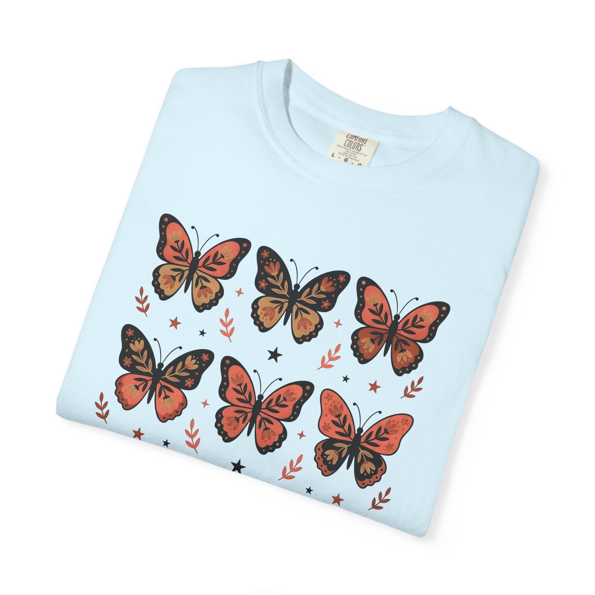 Butterfly Print Shirt Easter Garden Gift Women Folk Tee Butterfly T-Shirt Easter Fan Traditional Tshirt Yard Graphic Heritage Glimmer Tshirt