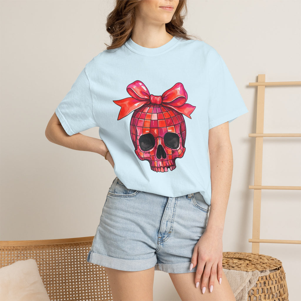 Disco Skull Shirt Halloween Party Gift Women Watercolor Tee Sugar Skull T-Shirt Horror Fan Halloween Art Tshirt Party Graphic Retro Bow