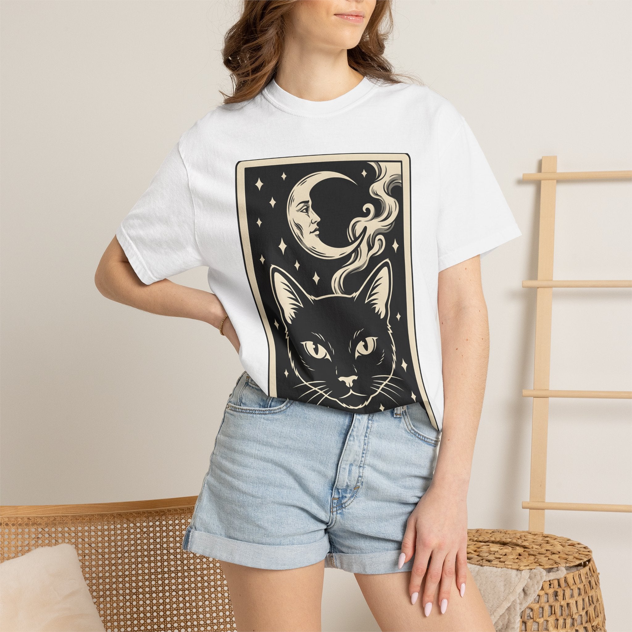 Midnight Cat Shirt Boho Chic Supernatural Gift Women Creepy Tee Black Cat T-Shirt Bohemian Fan Spooky Graphic Tshirt Classic Night Orb