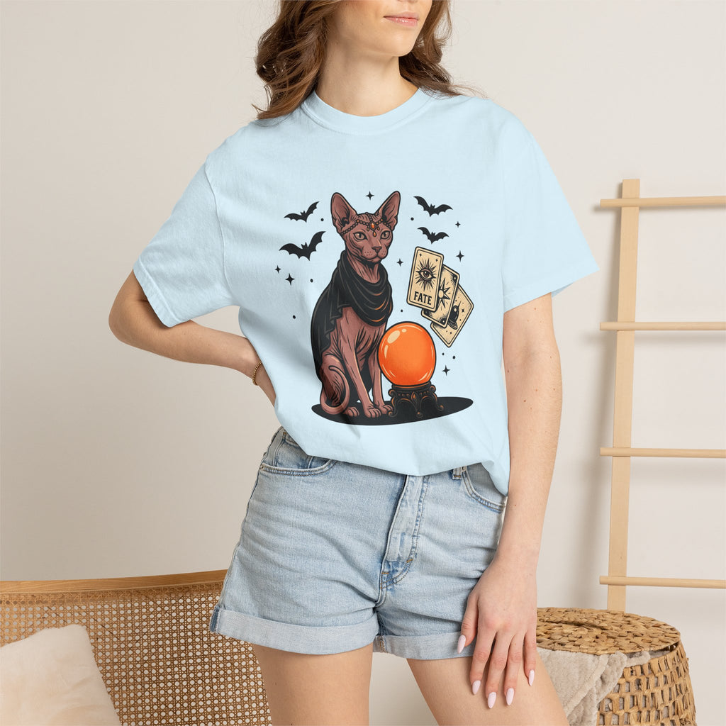 Hairless Cat Shirt Halloween Mysticism Gift Women Spooky Tee Sphynx T-Shirt Horror Fan Occult Graphic Tshirt Antique Magic Orb Tshirt