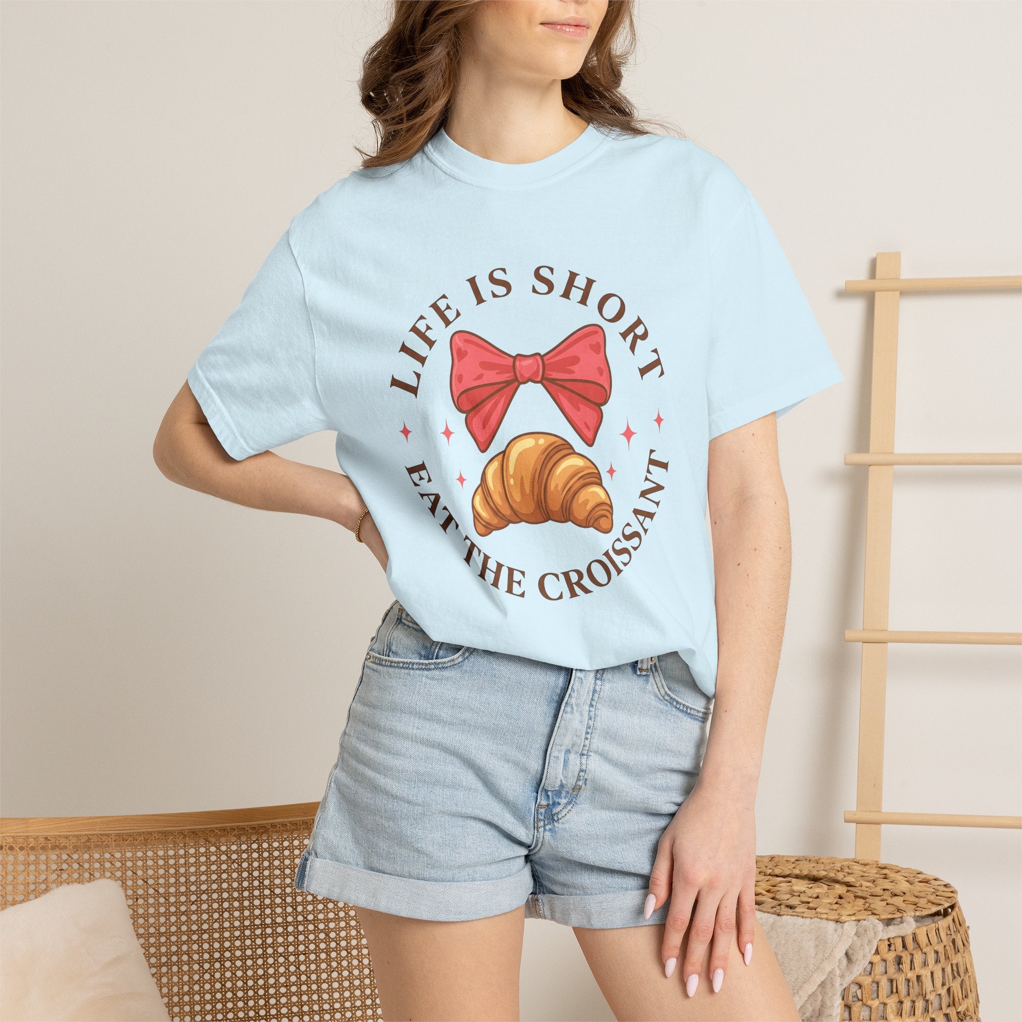 Croissant Illustration Shirt Desserts Pastry Gift Women Adorable Tee Croissant T-Shirt Dessert Fan Cute Tshirt Bakery Graphic Cartoon Pink