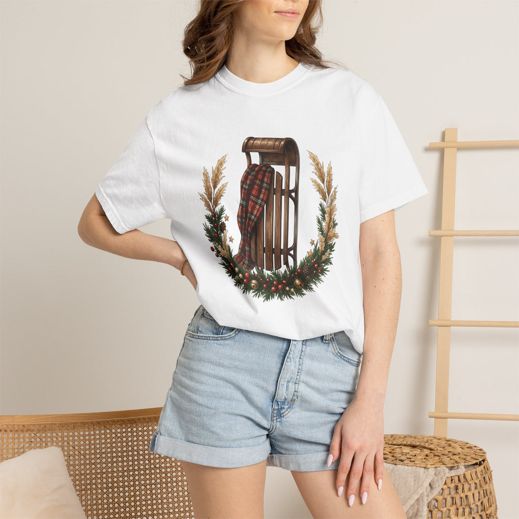 Vintage Sled Shirt Christmas Winter Gift Women Cozy Tee Toboggan T-Shirt Xmas Fan Holiday Tshirt Frosty Graphic Hand Drawn Pine Wreath