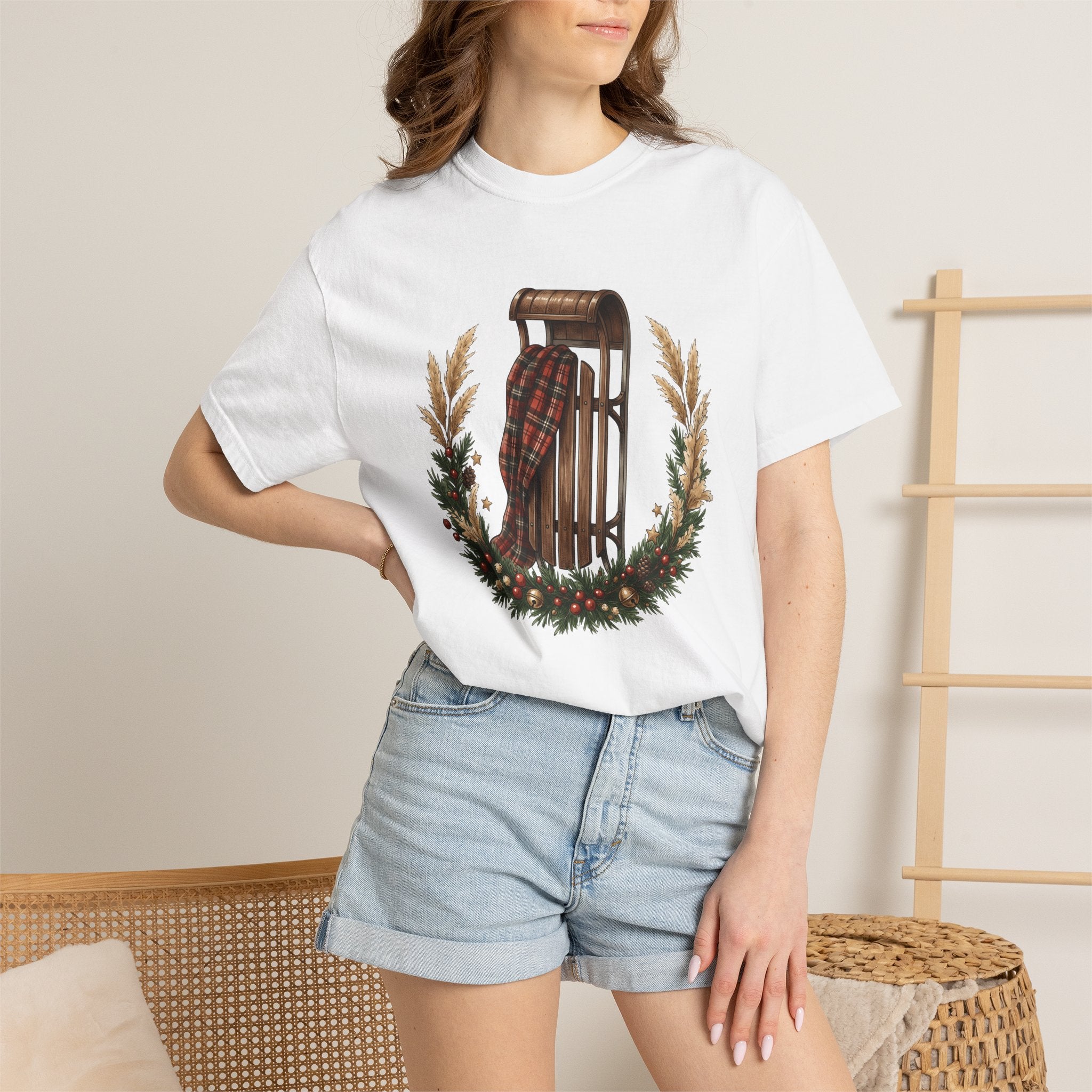 Vintage Sled Shirt Christmas Winter Gift Women Cozy Tee Toboggan T-Shirt Xmas Fan Holiday Tshirt Frosty Graphic Hand Drawn Pine Wreath