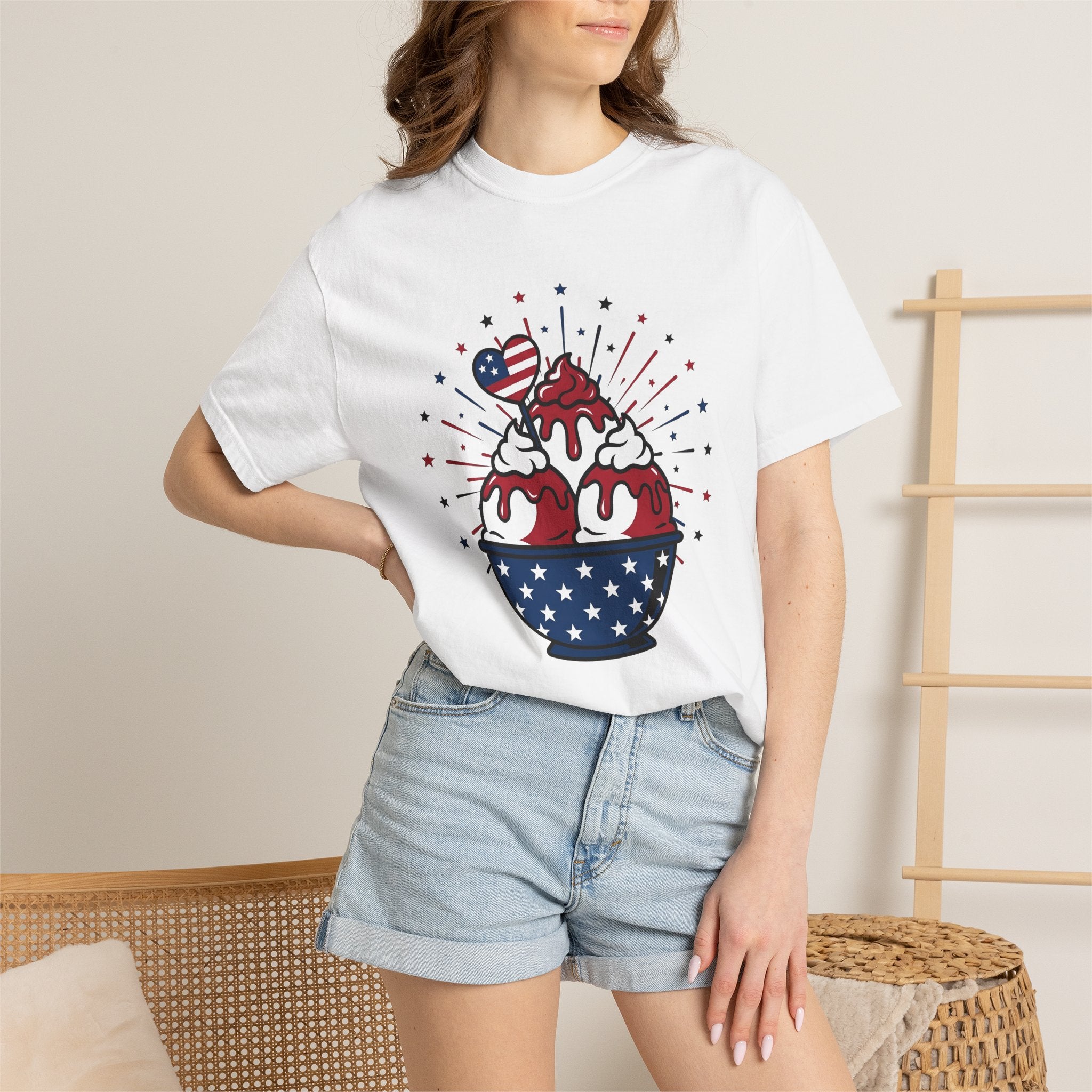 Ice Cream Scoop Shirt Desserts America Gift Women Kawaii Tee Ice Cream Ball T-Shirt Sweets Fan Cute Tshirt Usa Graphic Classic Glitter