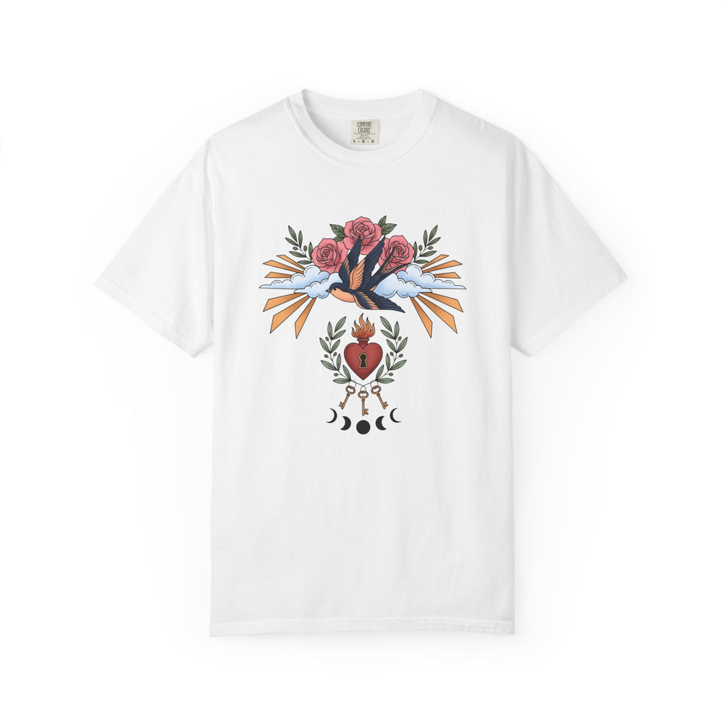 Swallow Shirt Animals & Flowers Hippie Gift Women Neo Traditional Tee Barn Swallow T-Shirt Floral Fan Vintage Tshirt Bohemian Graphic