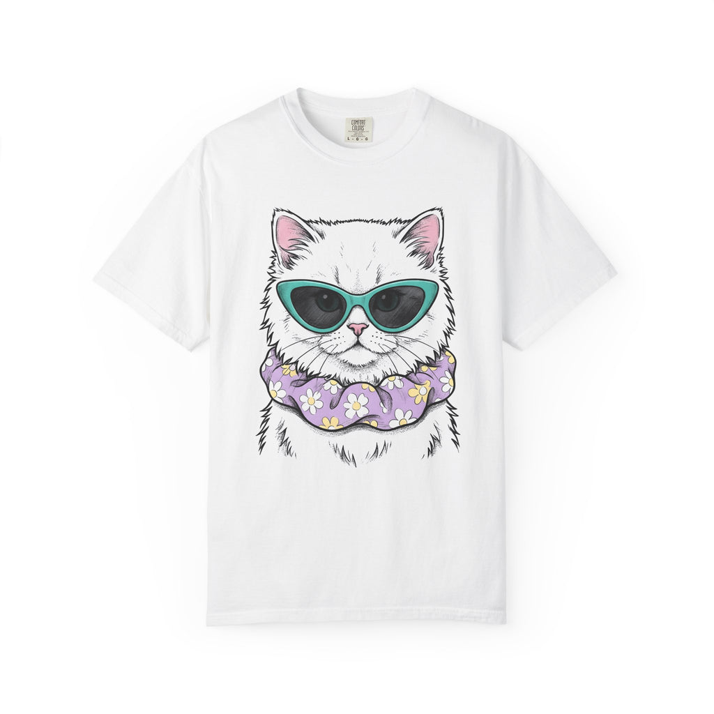 White Kitten Shirt Easter Pet Gift Women Sketch Tee Kitten T-Shirt Easter Fan Drawing Graphic Vintage Flower Scarf Tshirt
