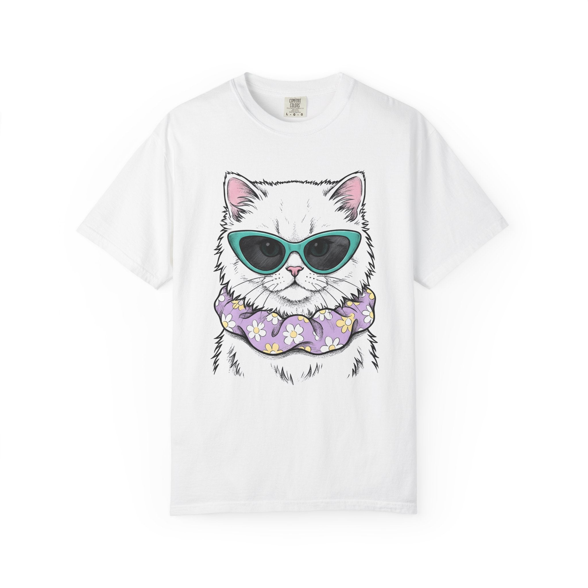 White Kitten Shirt Easter Pet Gift Women Sketch Tee Kitten T-Shirt Easter Fan Drawing Graphic Vintage Flower Scarf Tshirt