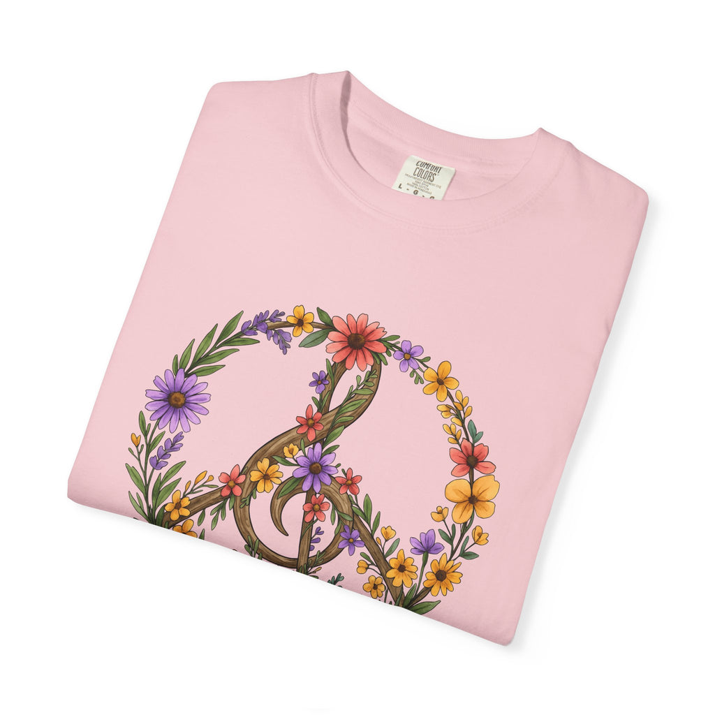 Peace Hand Flowers Shirt Boho Chic Vintage Gift Women Folk Tee Hand Flowers T-Shirt Bohemian Fan Folk Art Tshirt Retro Graphic Brush Stroke