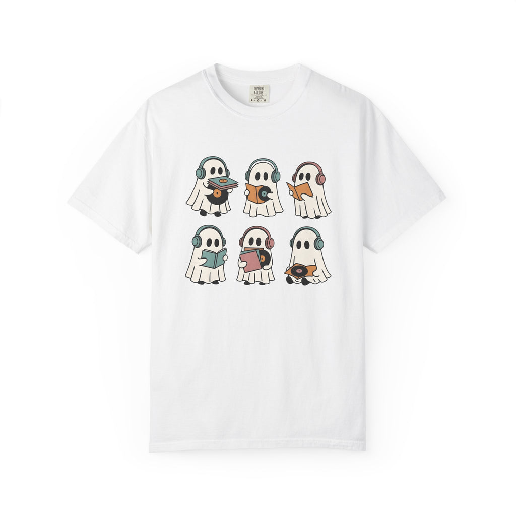 Ghost Music Shirt Halloween Music Gift Women Cartoon Tee Spirit T-Shirt Horror Fan Comic Tshirt Melody Graphic Retro Headphones Tshirt
