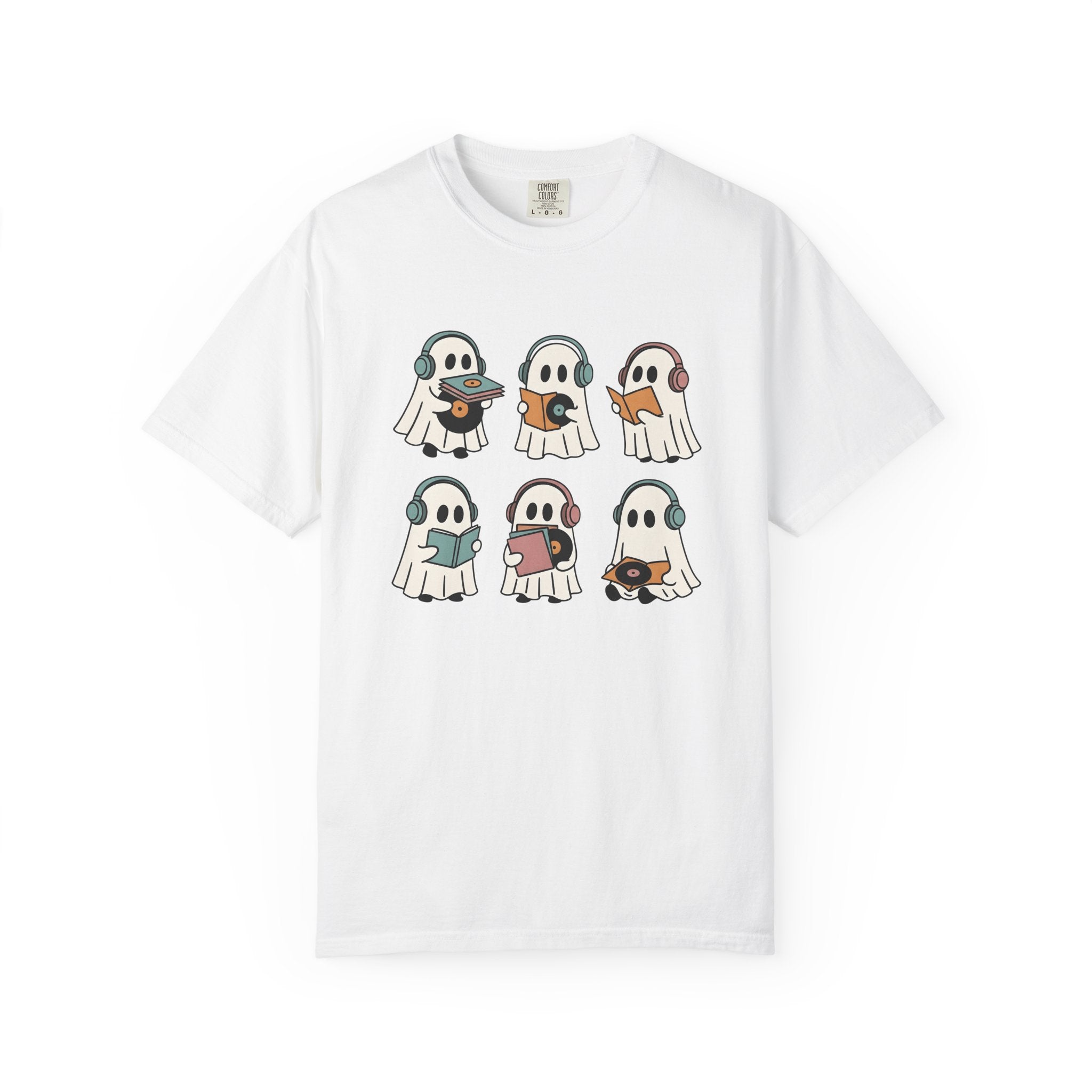 Ghost Music Shirt Halloween Music Gift Women Cartoon Tee Spirit T-Shirt Horror Fan Comic Tshirt Melody Graphic Retro Headphones Tshirt