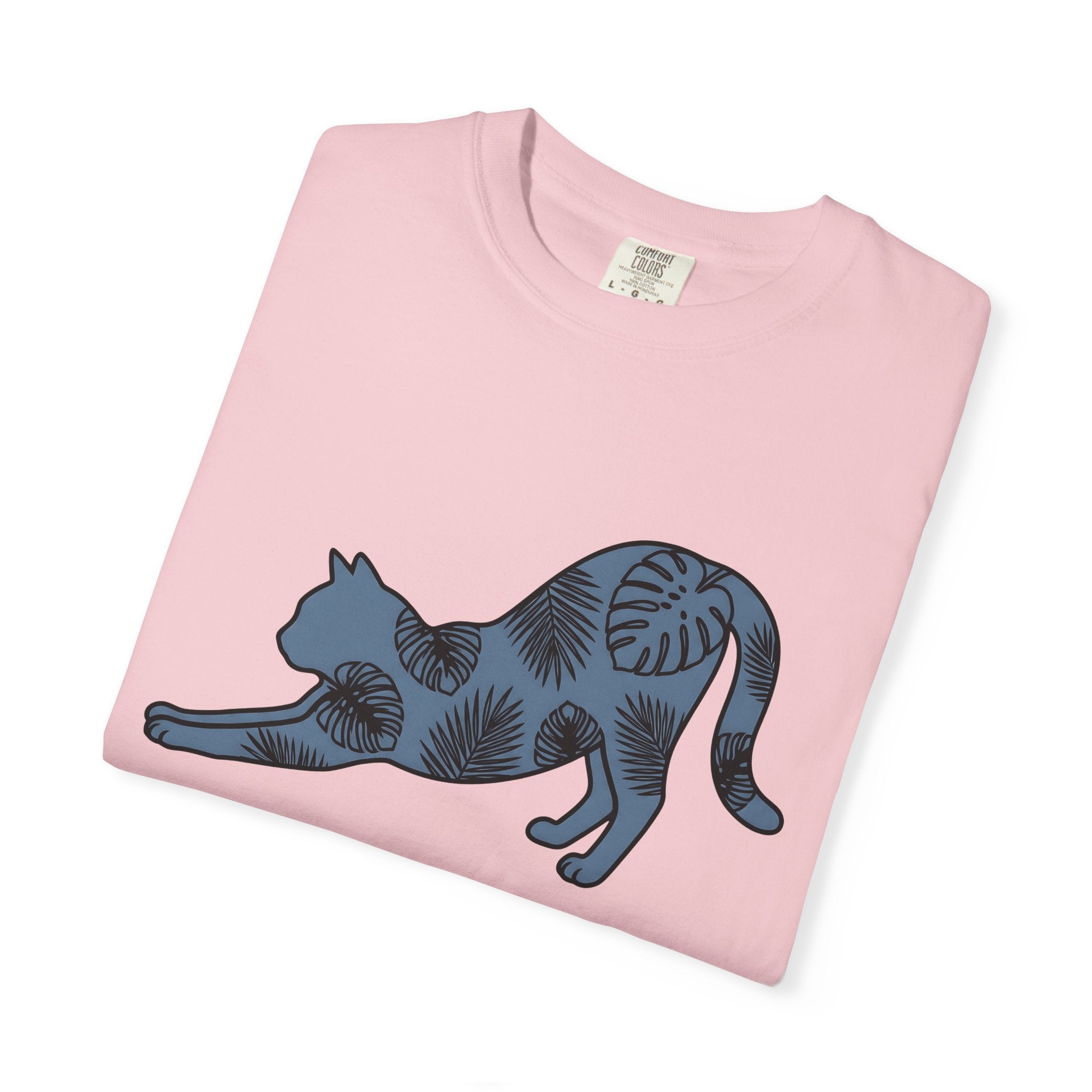 Stretching Kitten Shirt Cat Wildlife Gift Women Floral Tee Kitten T-Shirt Cat Fan Fancy Tshirt Wildlife Graphic Simple Palm Leaves Tshirt