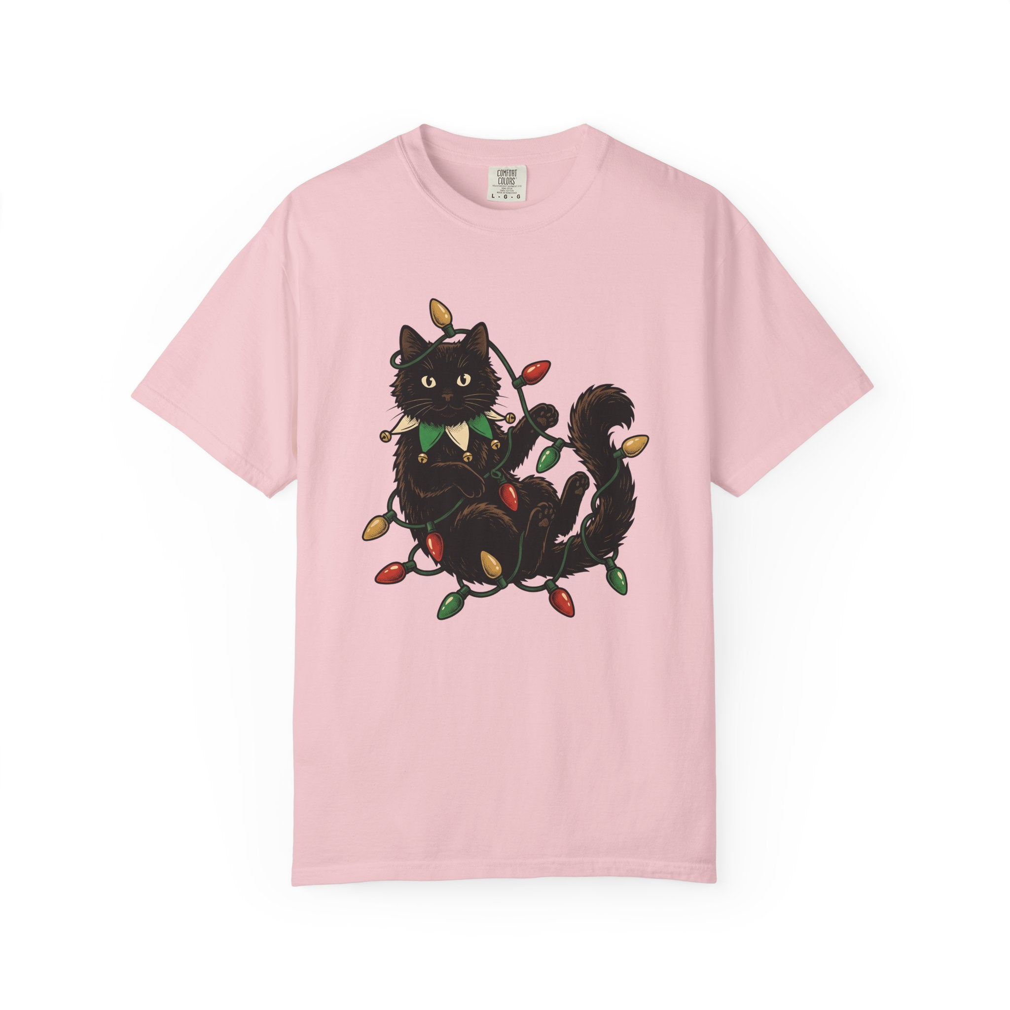 Black Cat Shirt Christmas Pet Gift Women Vintage Tee Cat T-Shirt Xmas Fan Retro Tshirt Animal Graphic Hand Drawn Christmas Lights Tshirt