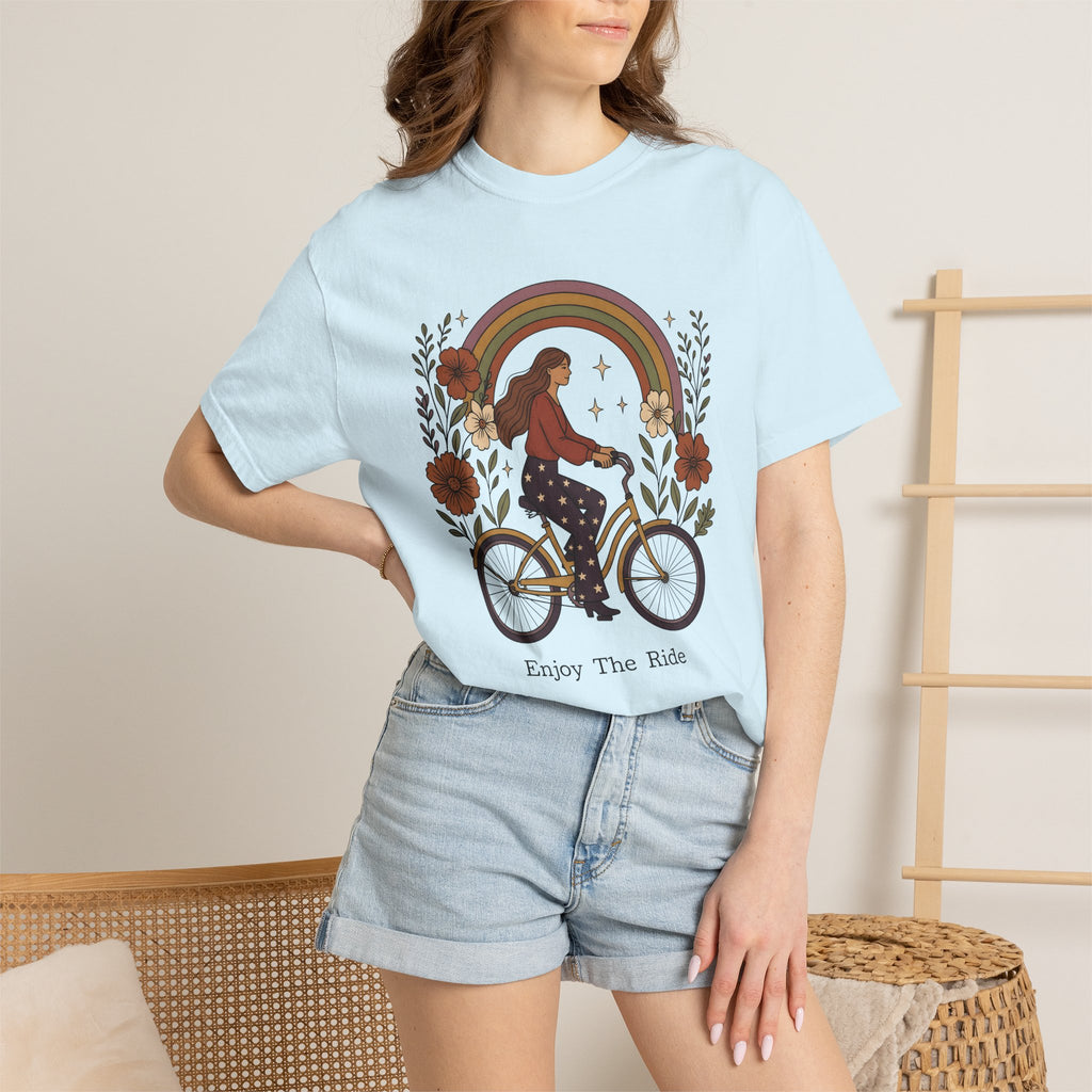 Woman Bicycle Shirt Cycling Floral Gift Women Boho Tee Bike T-Shirt Cyclist Enthusiast Bohemian Tshirt Floral Graphic Retro Rainbow Tshirt