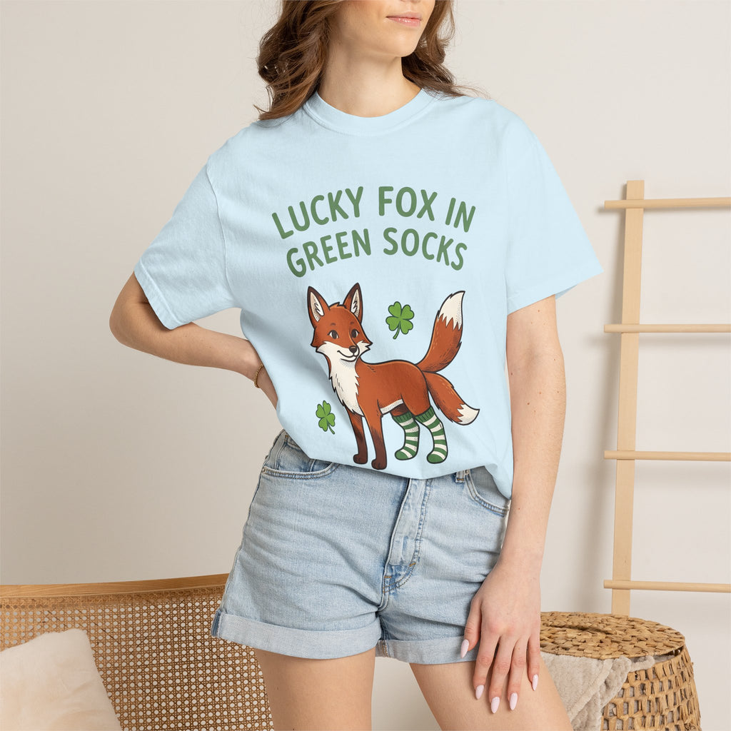 Fox Socks Shirt St Patrick's Day Creatures Gift Women Illustration Tee Socks T-Shirt Shamrock Fan Illustrated Tshirt Animal Graphic Hand