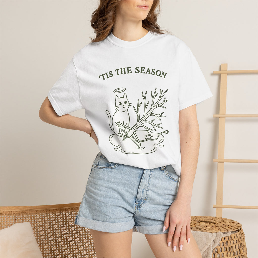 Kitty Tree Shirt Christmas Pet Shop Gift Women Cartoon Tee Cat Tree T-Shirt Xmas Fan Cat Tower Tshirt Store Graphic Sleek Glow Tshirt