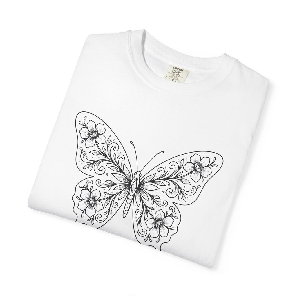 Butterfly Floral Shirt Animals & Flowers Nature Gift Women Line Art Tee Butterfly T-Shirt Wildlife Fan Hand Drawn Tshirt Outdoor Graphic
